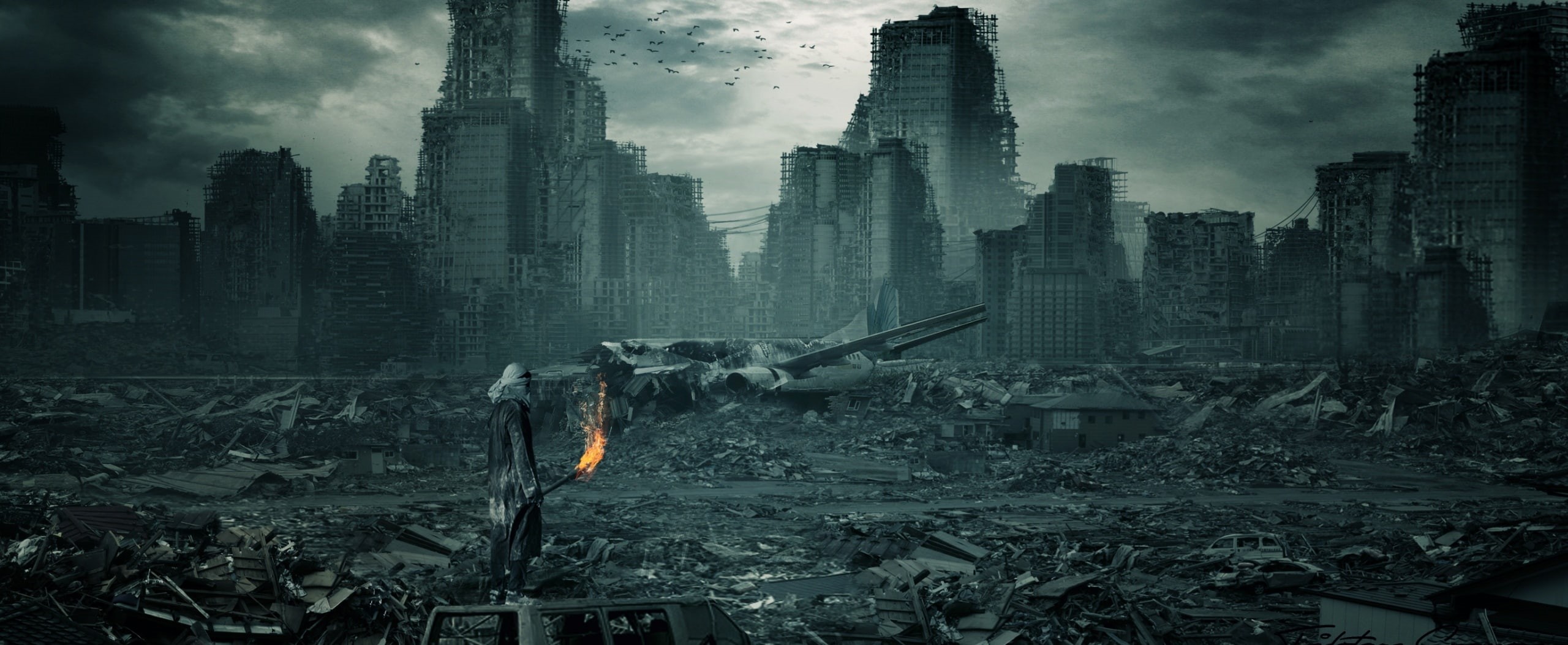 architecture, building exterior, violence, City, fire, Airplane, burning, smoke - physical structure, nature, sky, building, game, landscape, aggression, HD Wallpaper