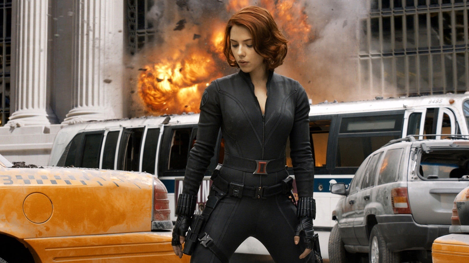 movies, front view, superheroines, transportation, heat - temperature, day, Black Widow, beautiful woman, three quarter length, 1080P, widow, johansson, HD Wallpaper