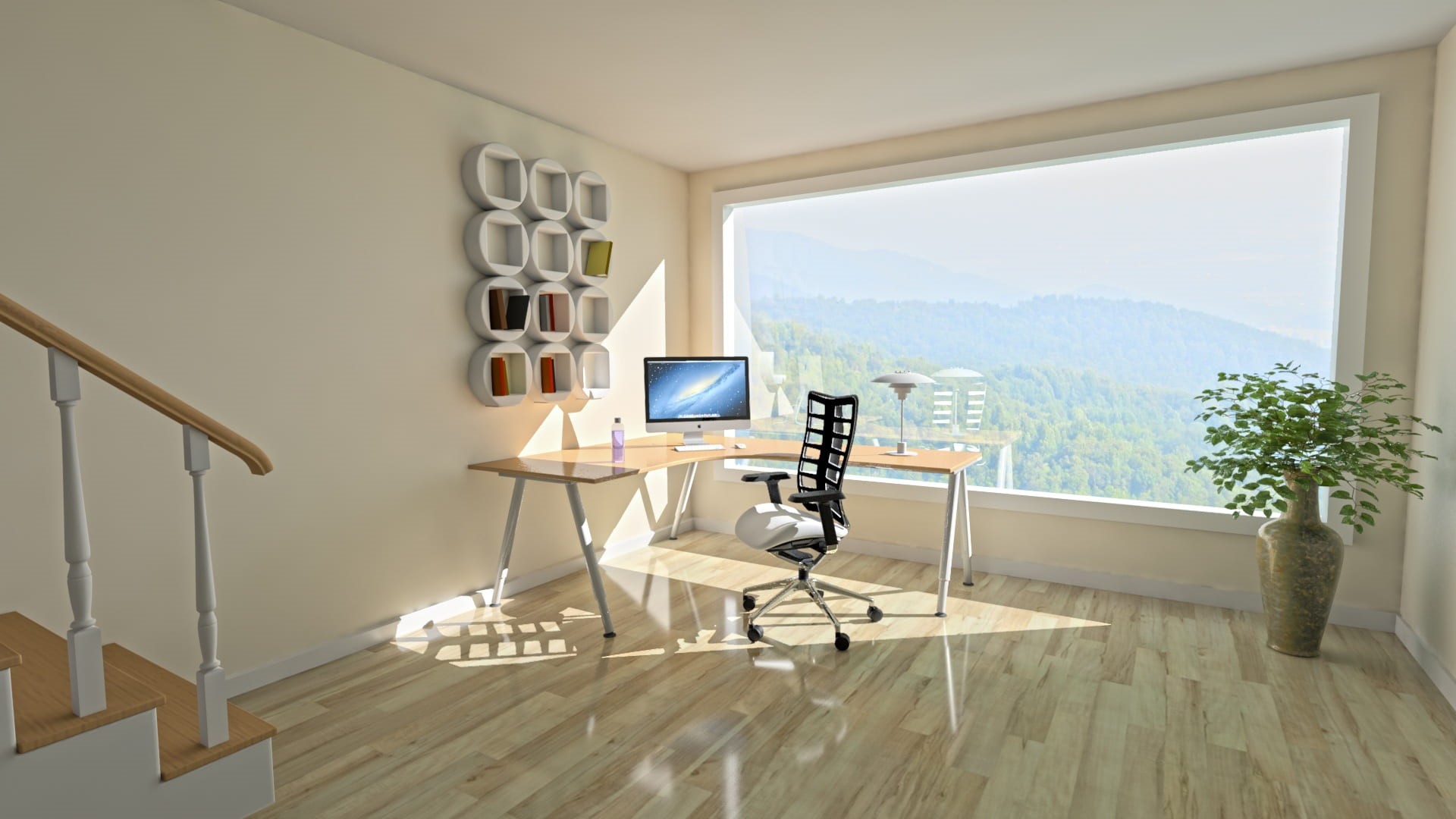 lamp, modern, sunshine, space, view, working, day, table, calm, futuristic, design, quiet, hills, relax, indoor, sunlight, railing, big window, empty, indoors, HD Wallpaper