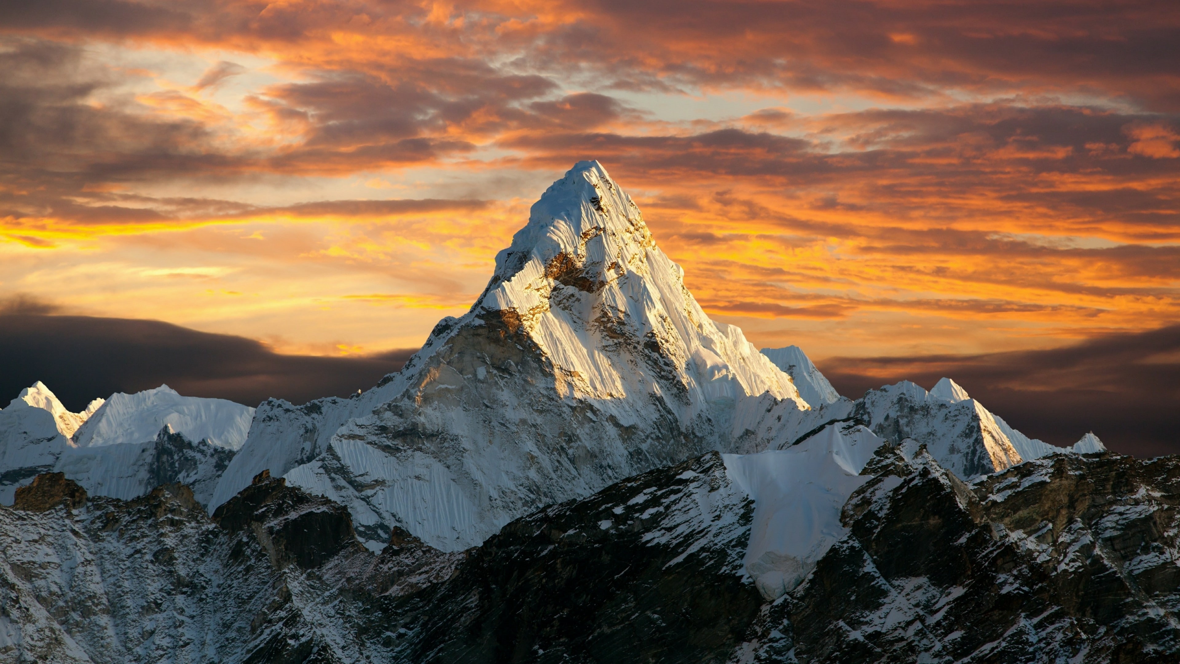 himalaya, ridge, 4K, sunset, himalayan range, summit, gokyo valley, cloud, ama dablam, rock, massif, nepal, himalayas, mountain range, sky, national park, HD Wallpaper