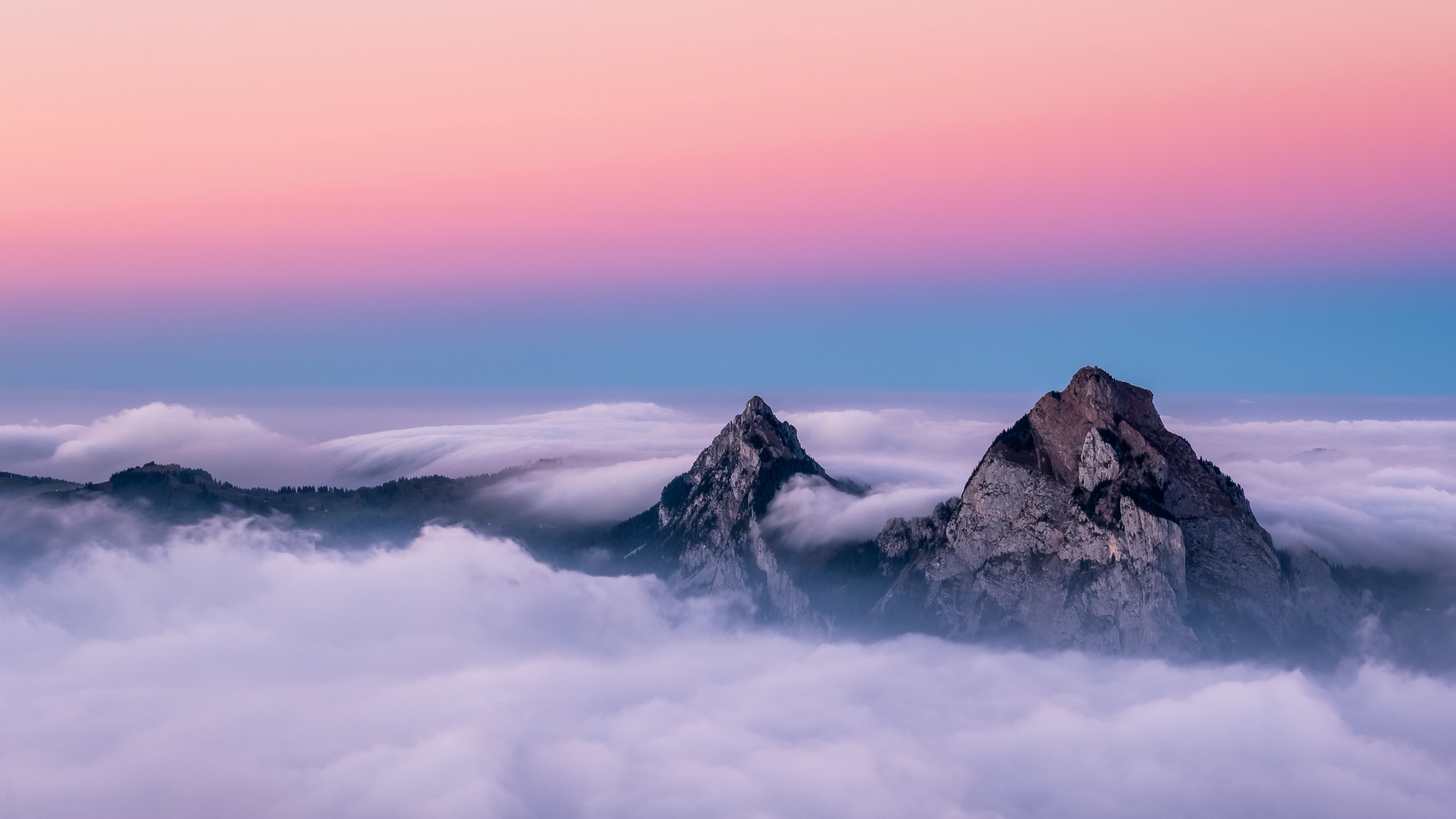 horizon, summit, ridge, dawn, cloudy, mountain, pink sky, 4K, HD Wallpaper