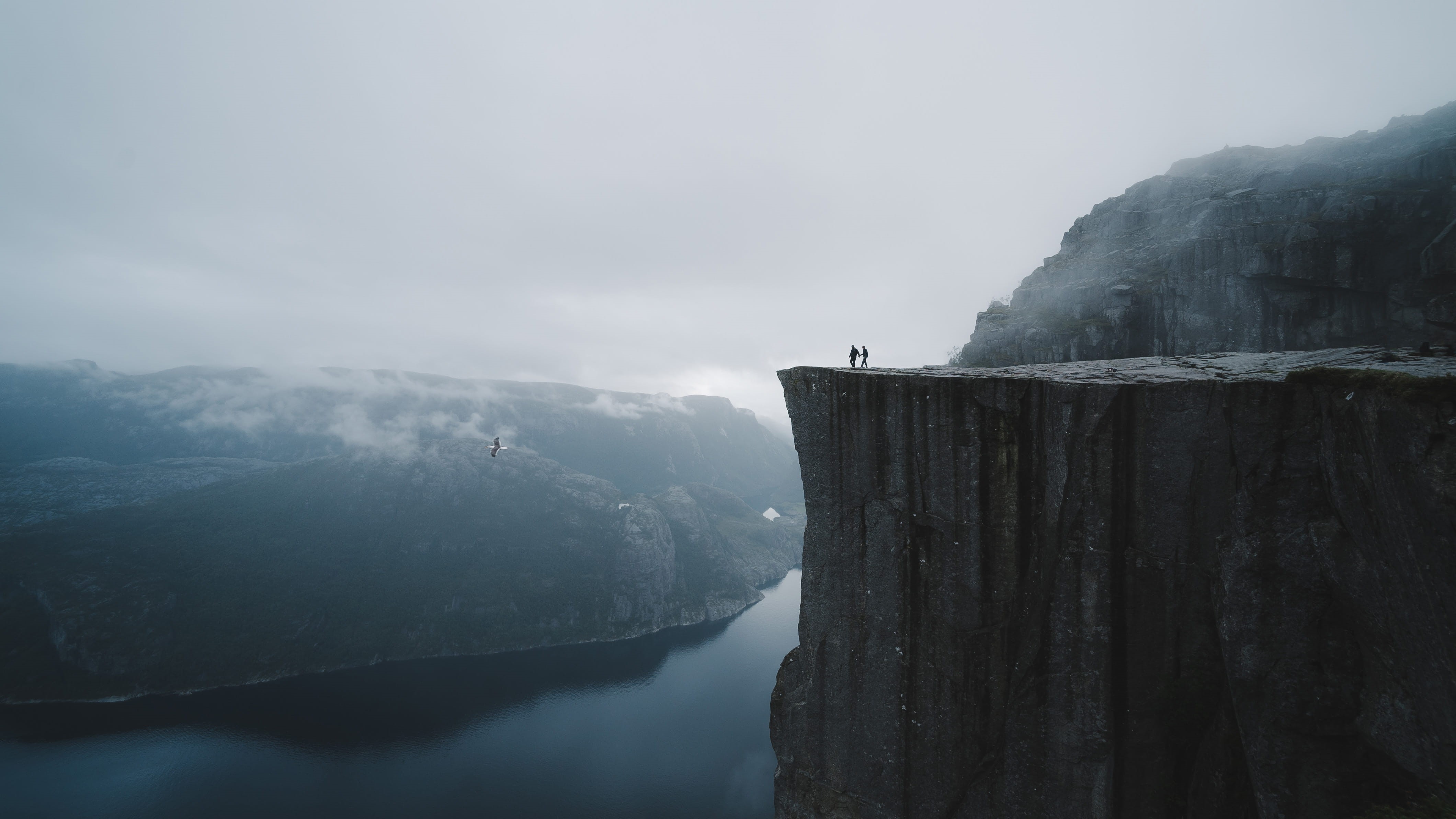 river rock, prekeistolen, water, moody landscape, mist, misty, tourism, people, explore, standing, two, edge, liff, cliff, landscape, sky, 4K, river side, HD Wallpaper