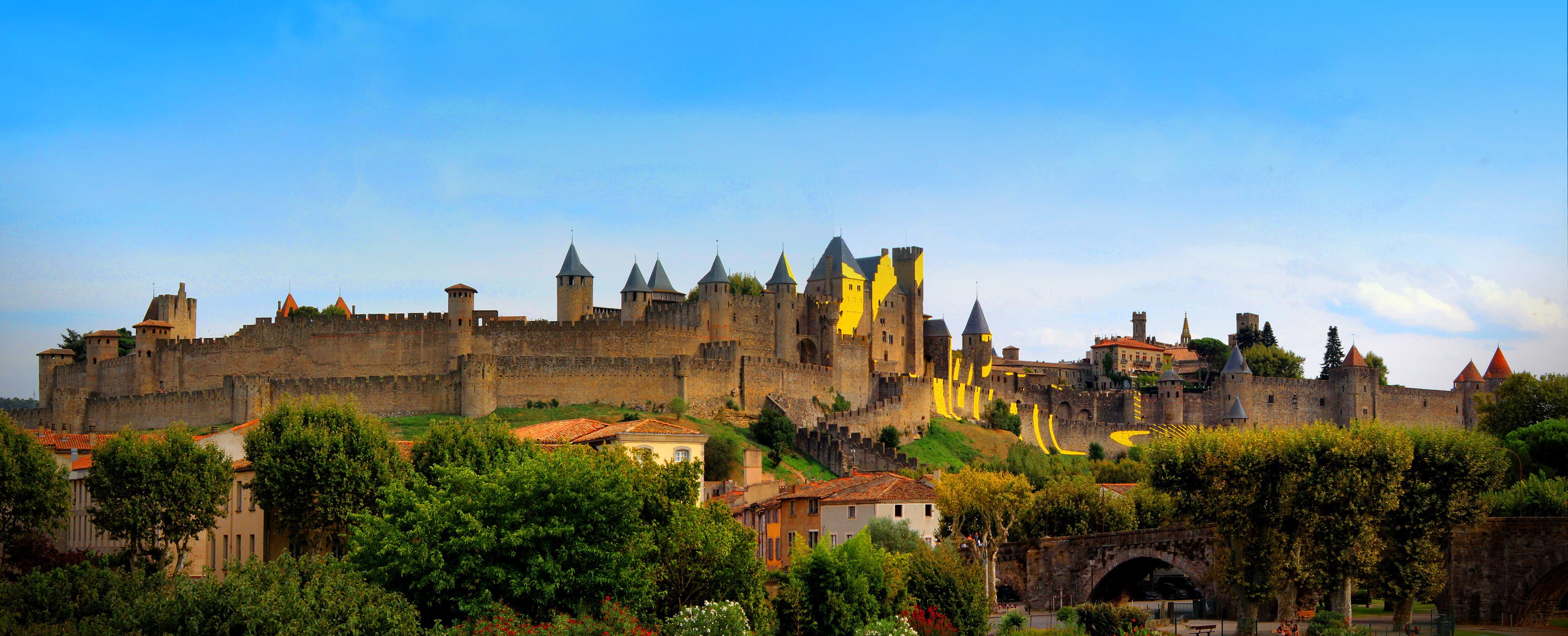 southern, day, water, fortress, river, saissac, traditional, educational, languedoc, europe, town, lastours, travel destinations, trees, light, culture, HD Wallpaper