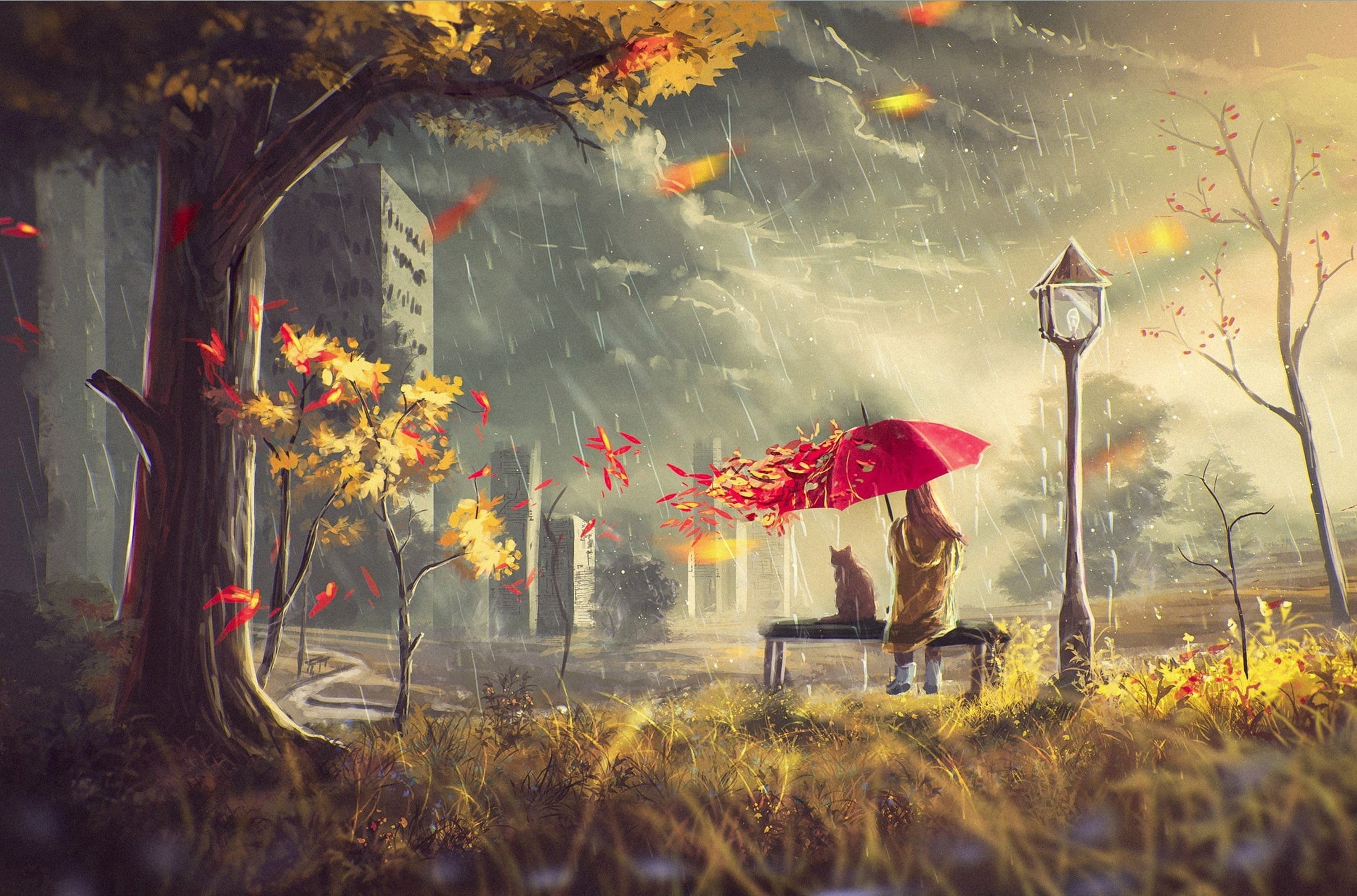 flower, yellow, clouds, land, day, no people, backgrounds, woman, tree, field, leaf, animal, house, forest, girl, autumn, october, painting, nature, holding, HD Wallpaper