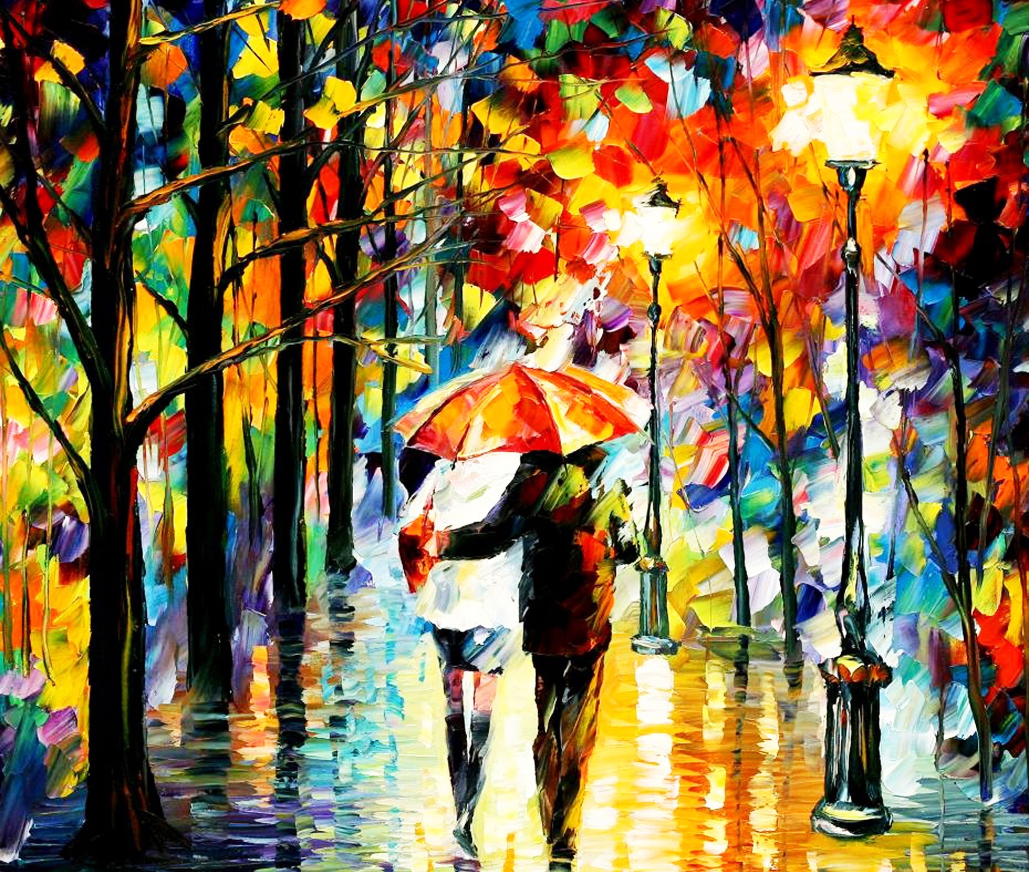 change, Park, street, pattern, lovers, picture, painting, two, genre, acrylic Painting, yellow, lantern, 1080P, drop, lifestyles, adult, rain, nature, HD Wallpaper
