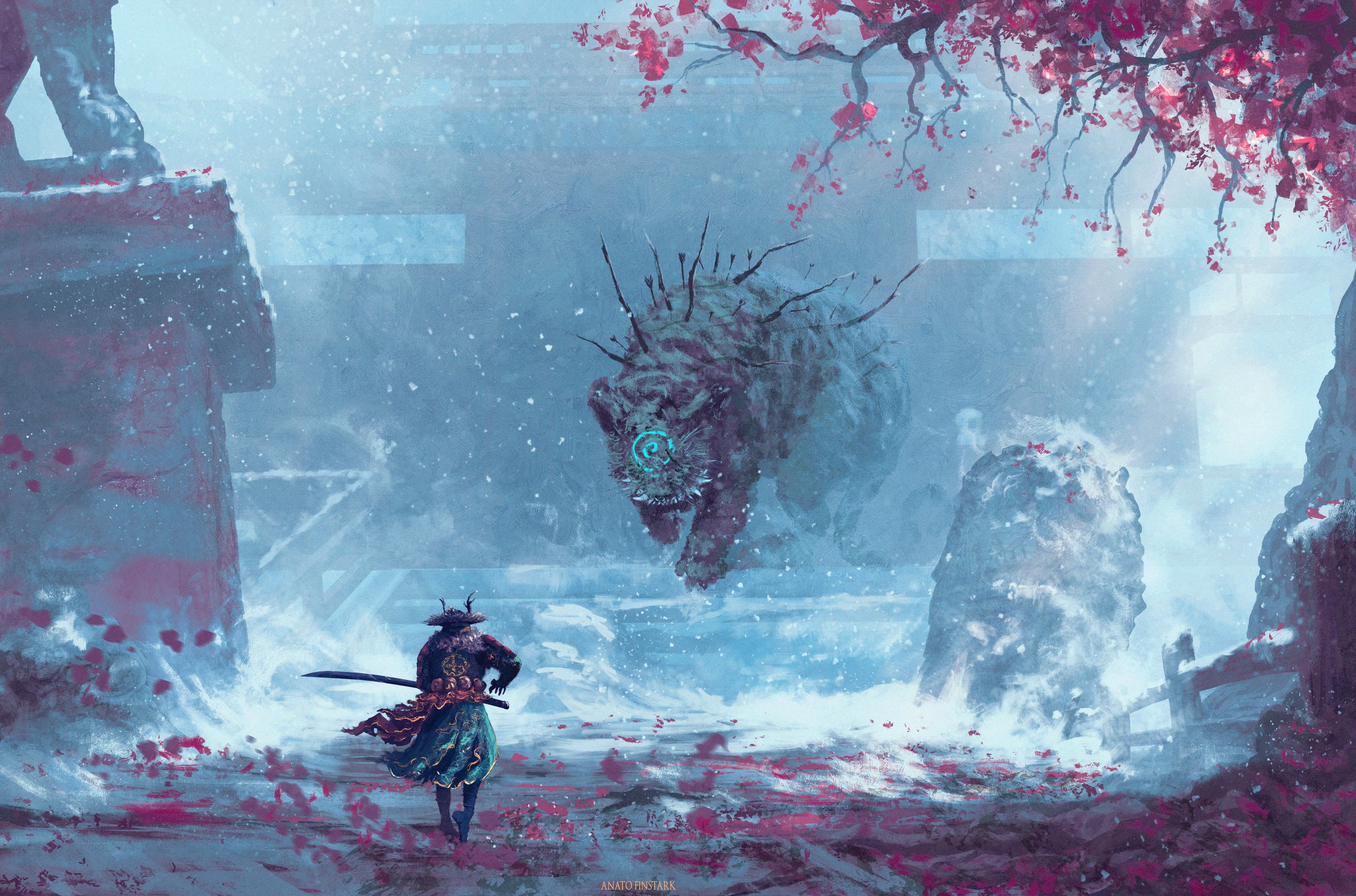 environment, digital painting, leaves, 2K, Japan, digital art, artwork, trees, katana, Fantasy Men, fantasy art, temple, Anato Finnstark, weapon, Clash, HD Wallpaper