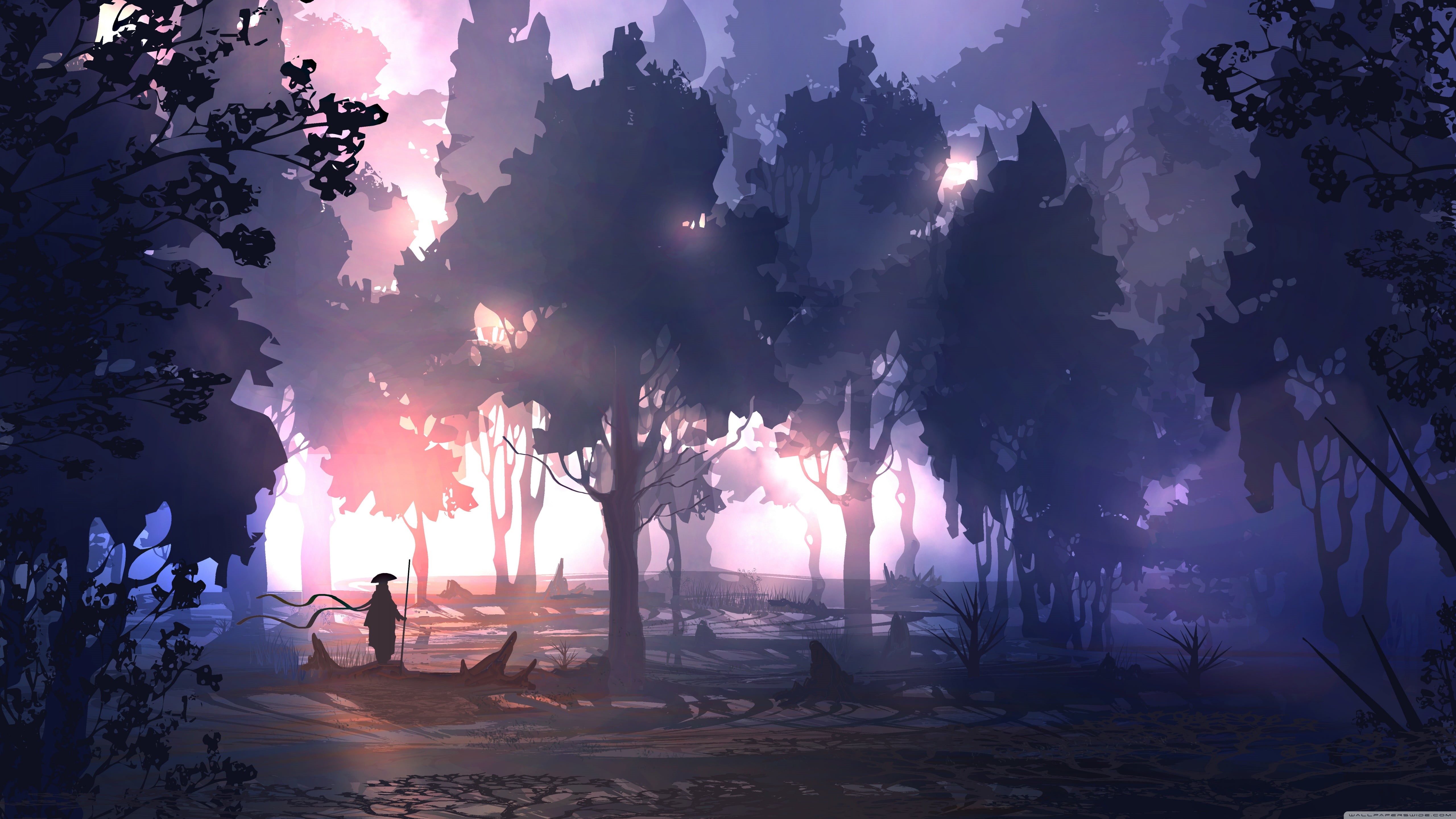 5K, TacoSauceNinja, digital, drawing, landscape, forest, purple, artwork, HD Wallpaper