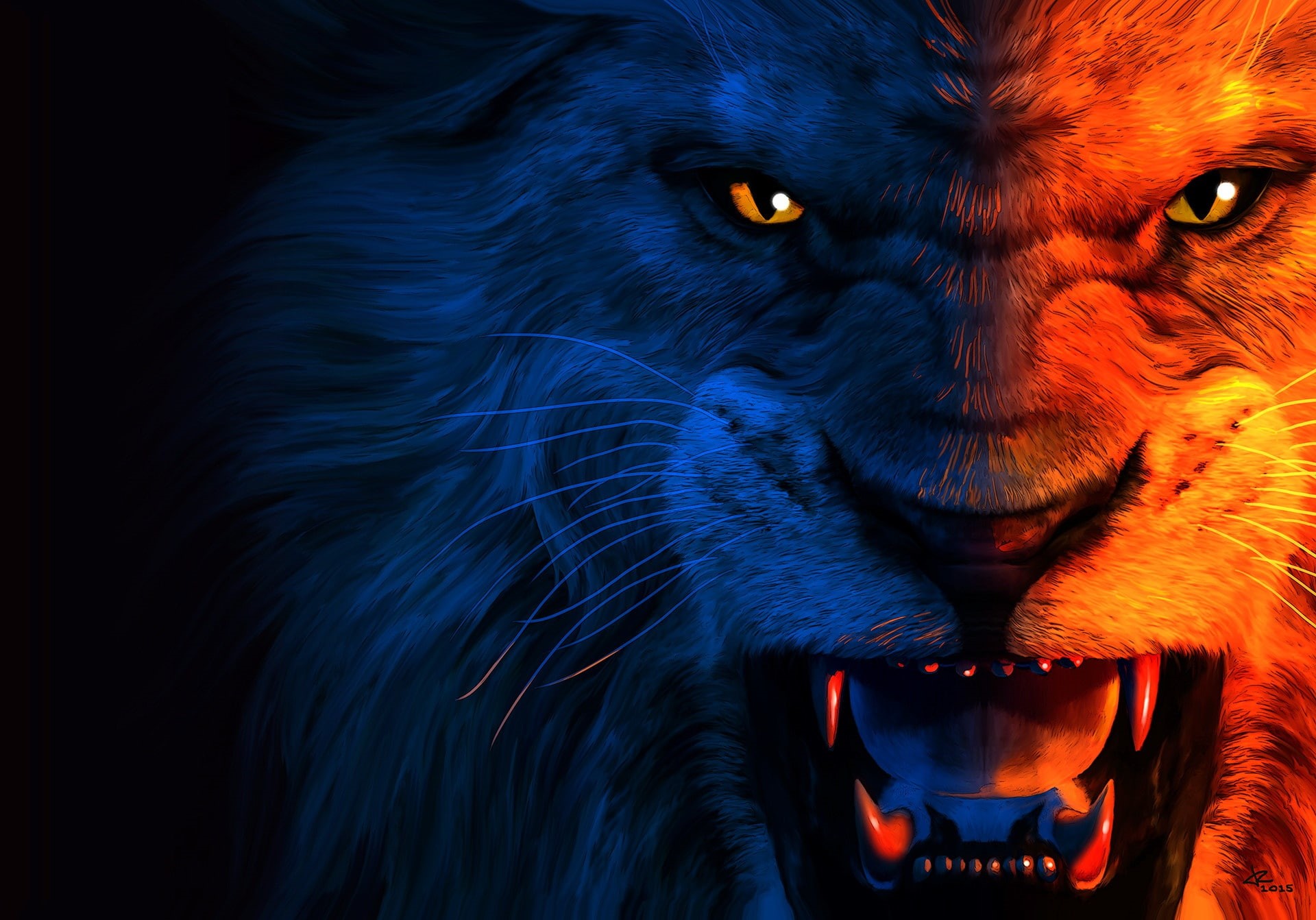 portrait, animal body part, animal mouth, domestic, art, whisker, animal wildlife, 1080P, lion, cat, jean pierre, animal head, digital, aggression, mouth open, HD Wallpaper
