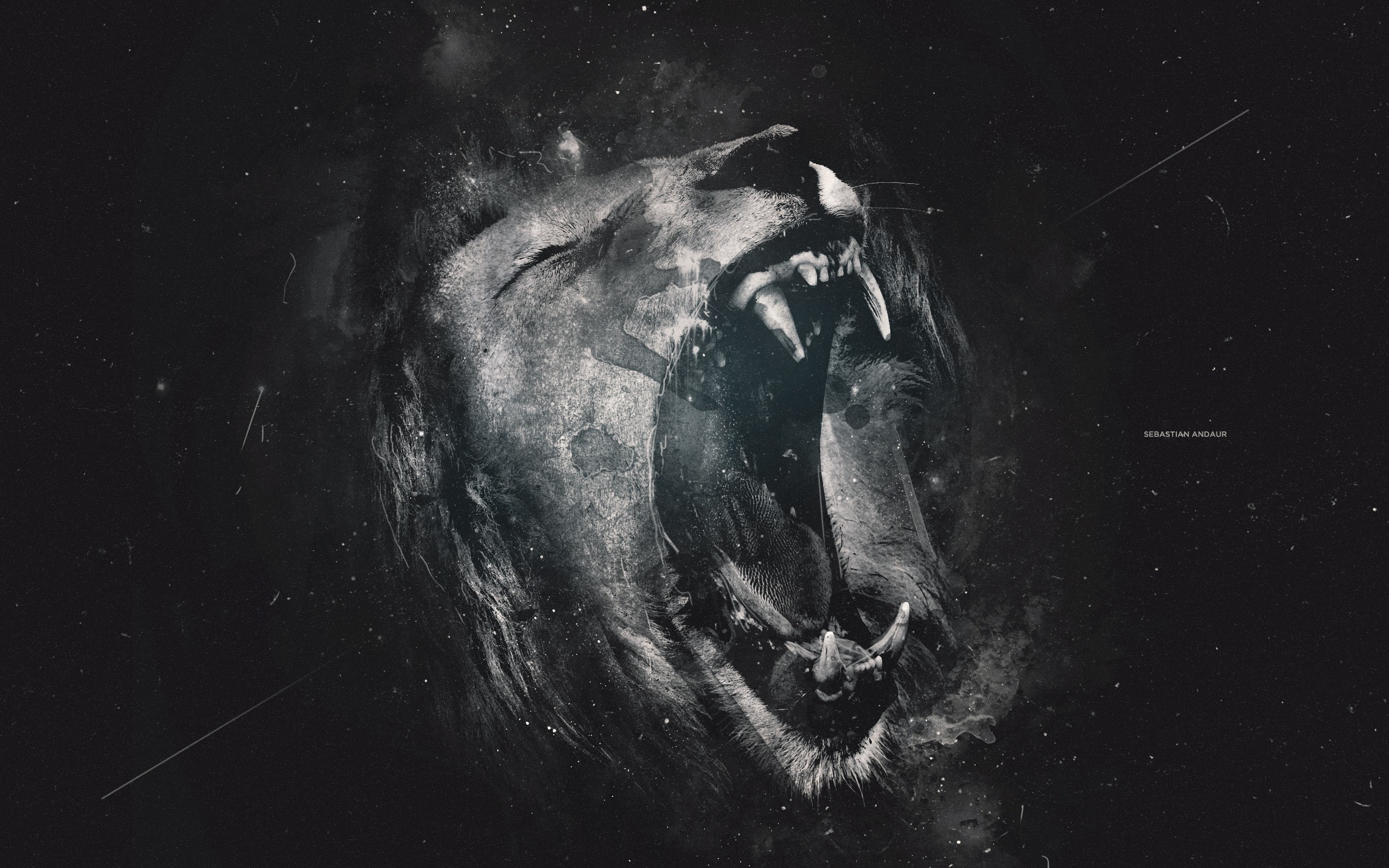 underwater, emotion, nature, 2K, digital composite, mouth, aggression, gray, black background, mouth open, artwork, digital art, indoors, lion, close-up, HD Wallpaper