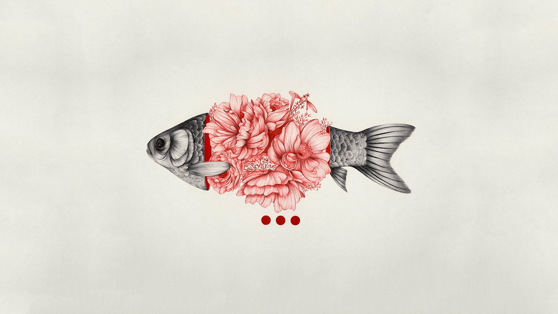 illustration, grey, flowers, flower, minimalism, digital, simple, fish, pink, background, 1080P, art, simple background, HD Wallpaper