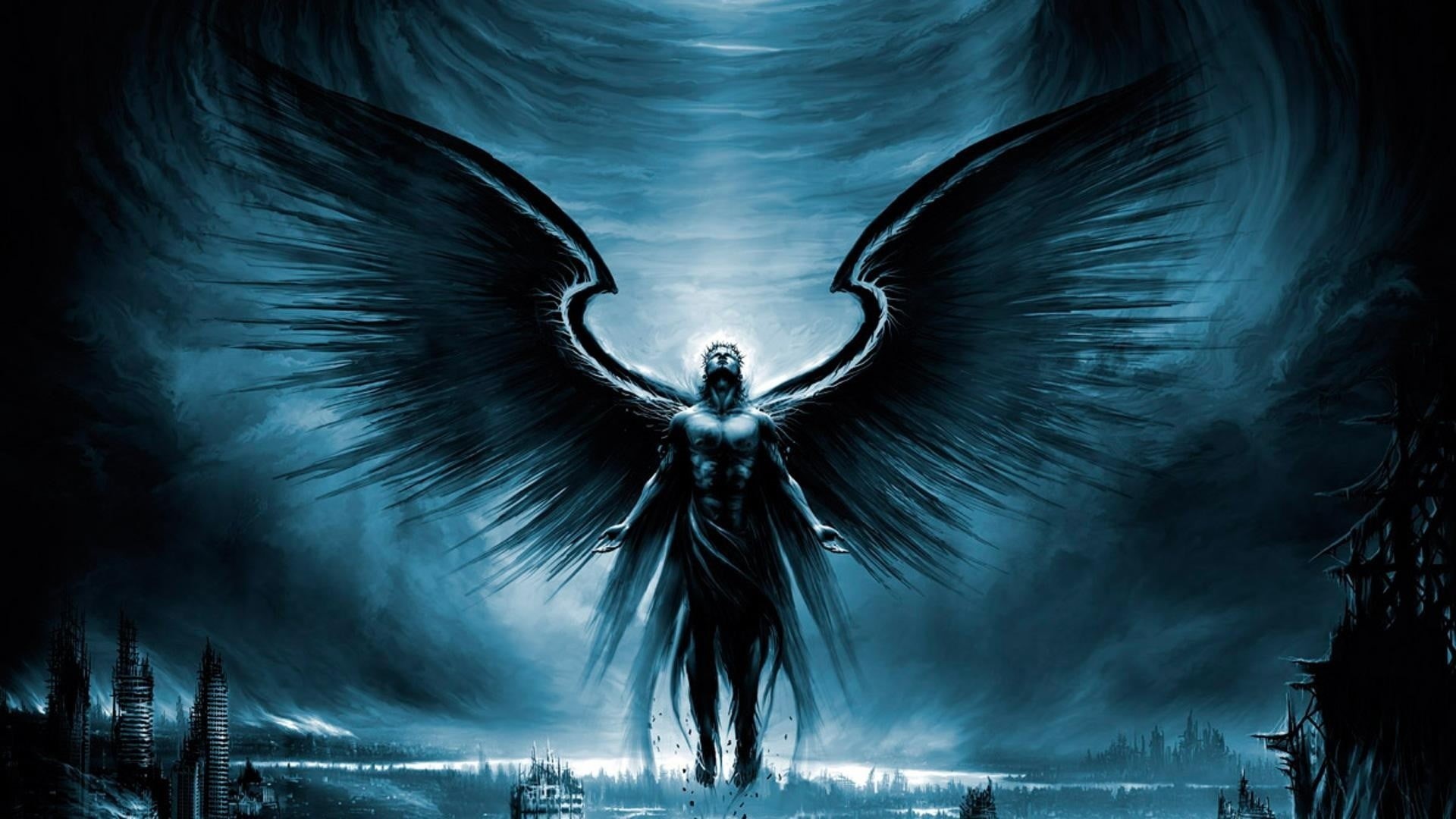 architecture, silhouette, motion, apocalyptic, angel, one person, dark, wings, fallen, digital art, illuminated, blue, 1080P, sea, technology, night, blurred motion, HD Wallpaper