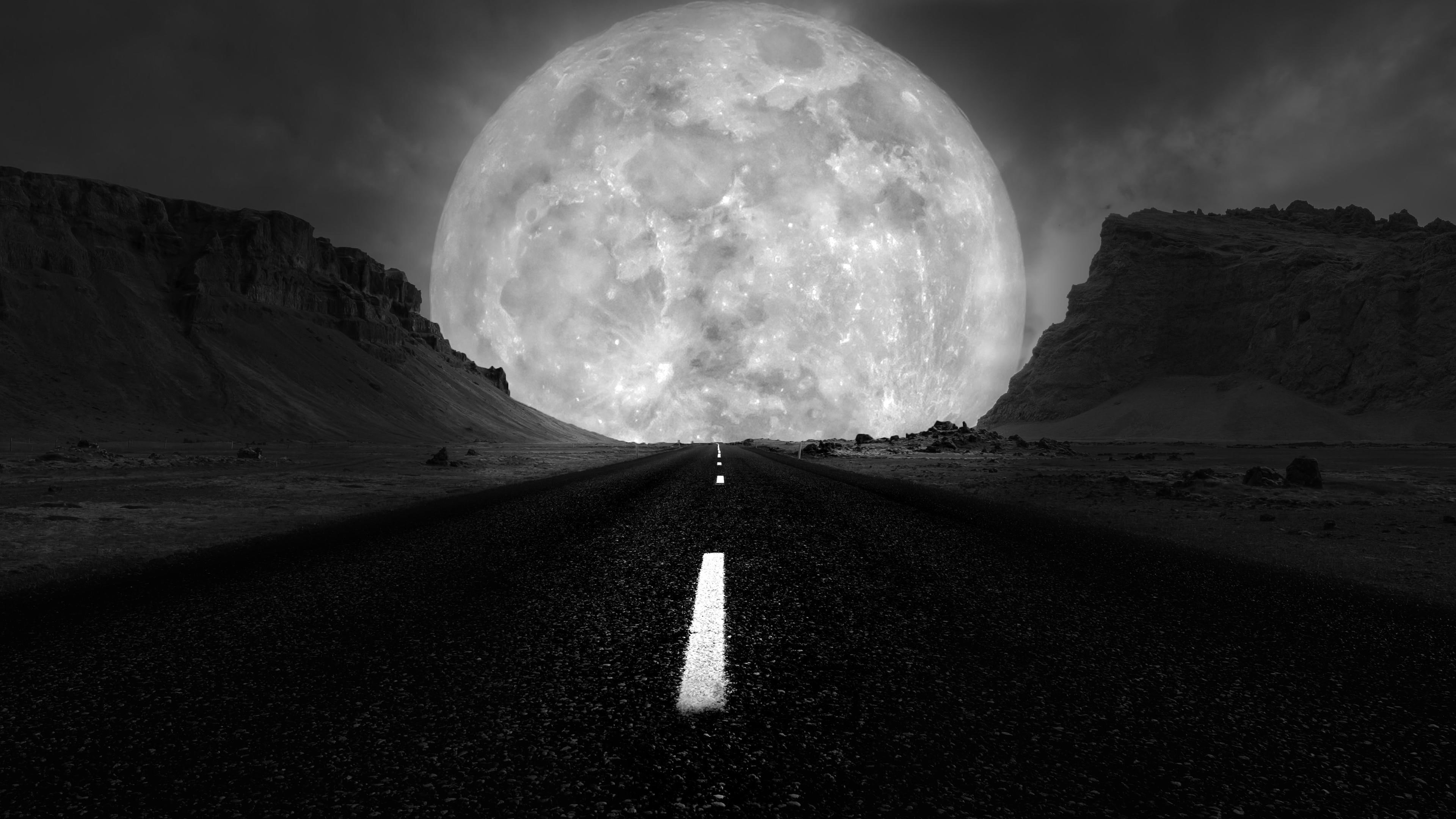 darkness, highway, black, moonlight, road, sky, nature, full moon, light, monochrome, 4K, black and white, phenomenon, supermoon, moon, HD Wallpaper