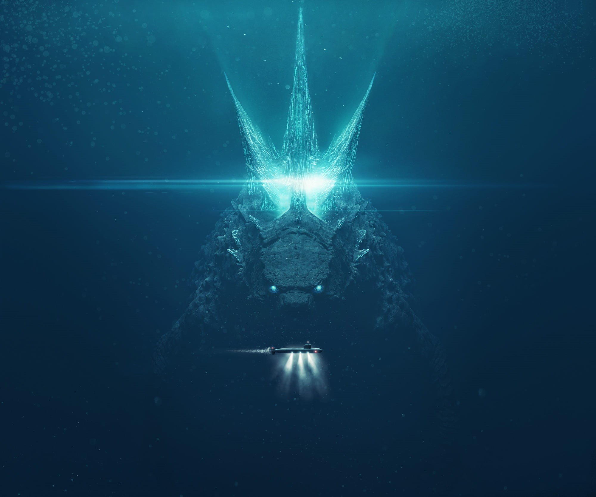 1080P, Godzilla: King of the Monsters, movies, creature, submarine, kaiju, cyan, Godzilla, underwater, HD Wallpaper
