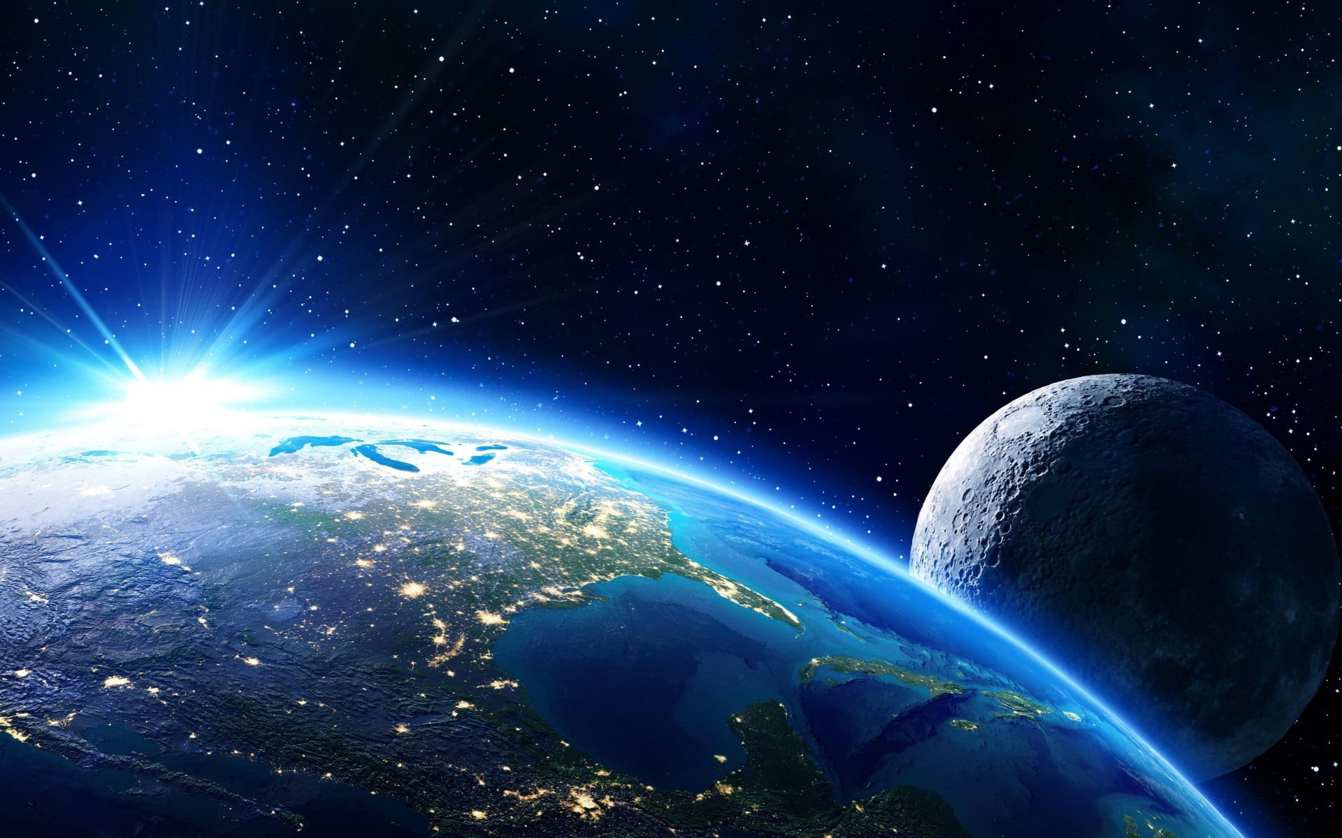 galaxy, planet earth, glowing, lens flare, outdoors, futuristic, planet, north, satellite View, 1080P, 3D, nature, globe - Man Made Object, orbiting, no people, HD Wallpaper