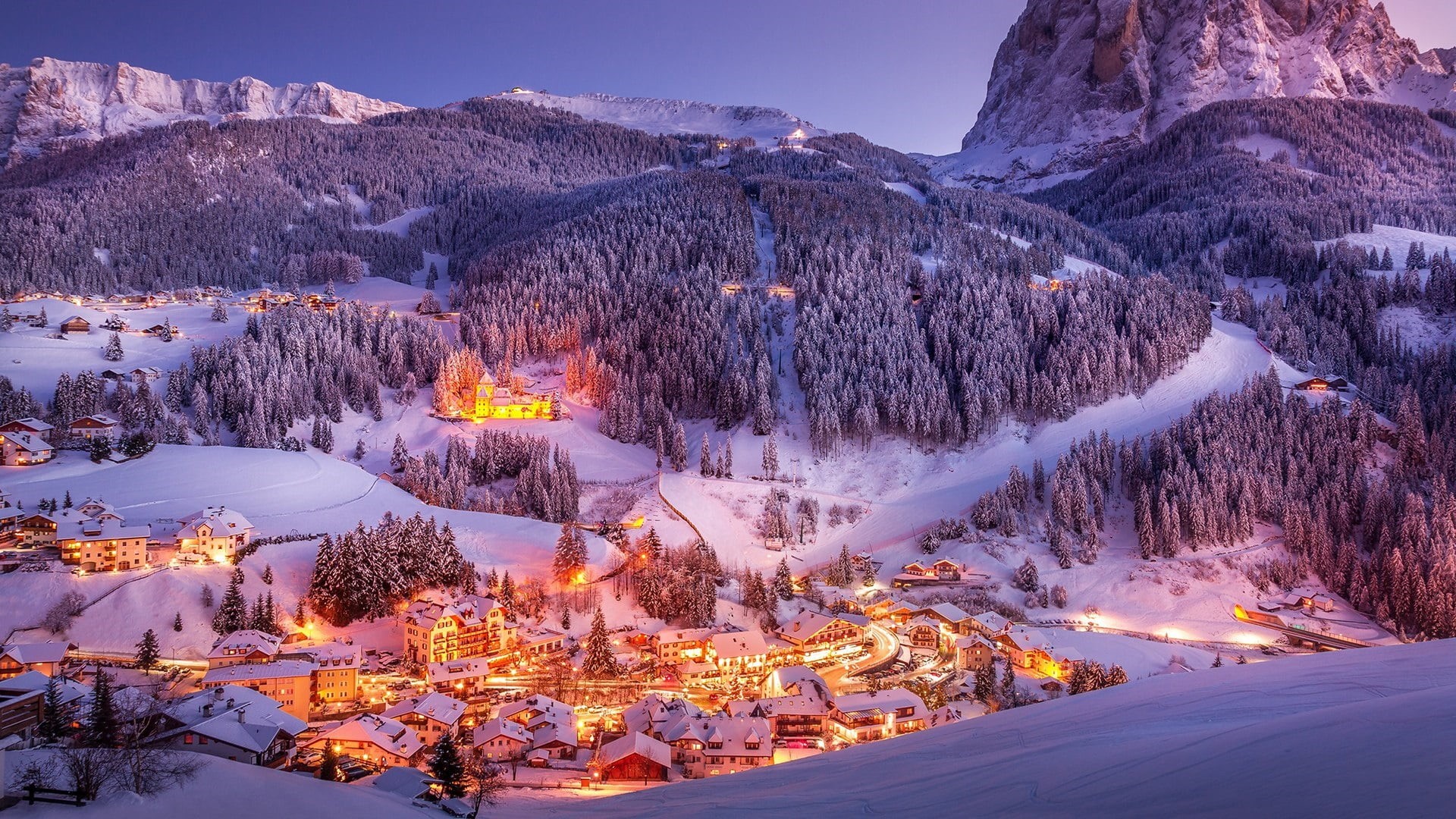 cold temperature, mountain, architecture, mountain range, italy, nature, plant, sky, snow, ortisei, winter, beauty in nature, ulrich, alps, illuminated, HD Wallpaper