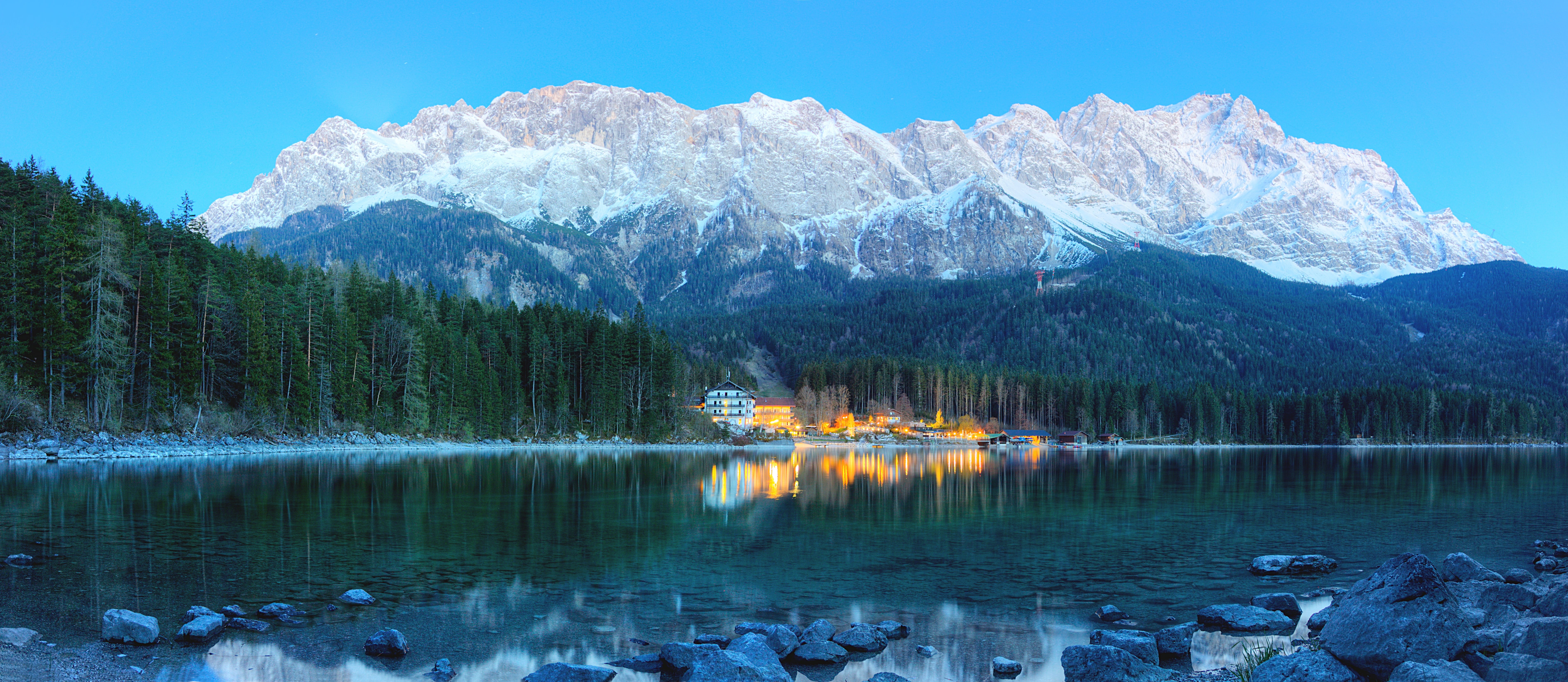 scenics, mountain Peak, water, outdoors, forest, snow, Eibsee, mountain, reflection, near, beauty In Nature, blue sky, blue, mountains, Bayern, snowcape, HD Wallpaper