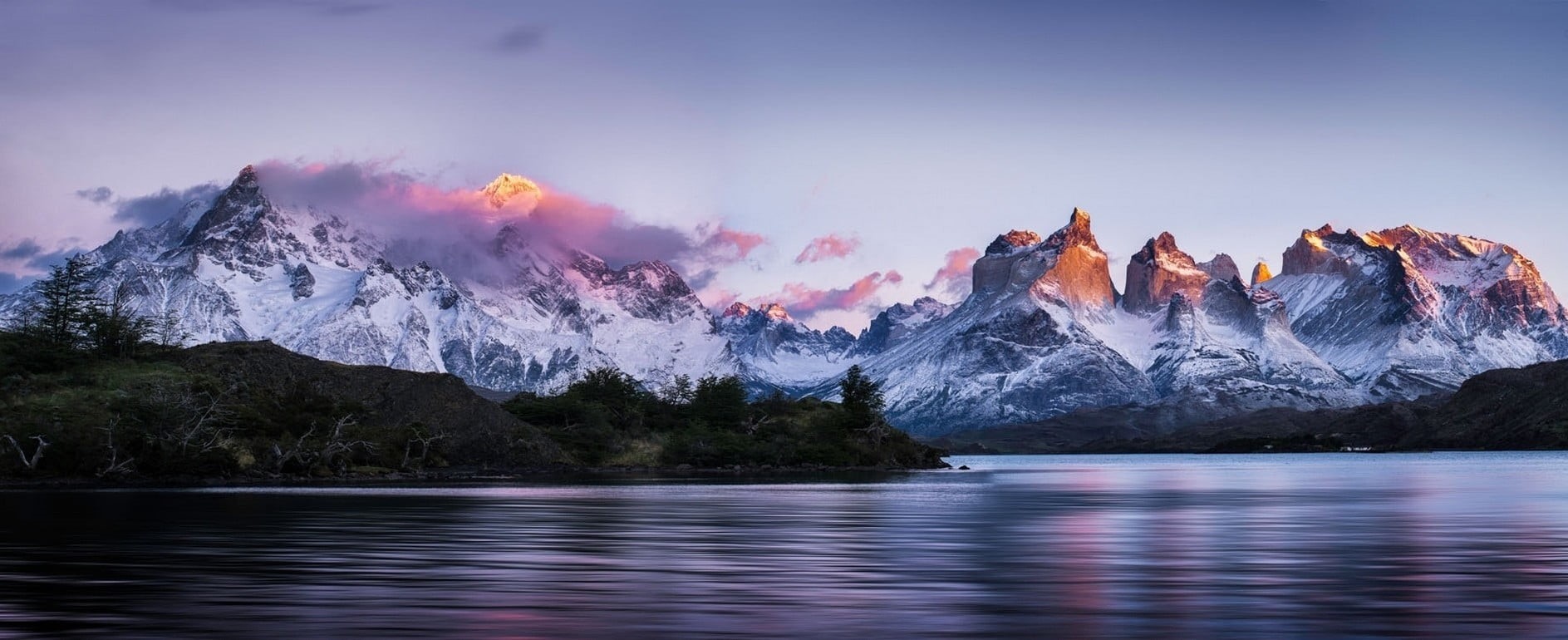 panoramas, mountain peak, landscape, Chile, no people, Torres del Paine, mountain, beauty in nature, tranquility, front, tranquil scene, 720P, land, trees, HD Wallpaper