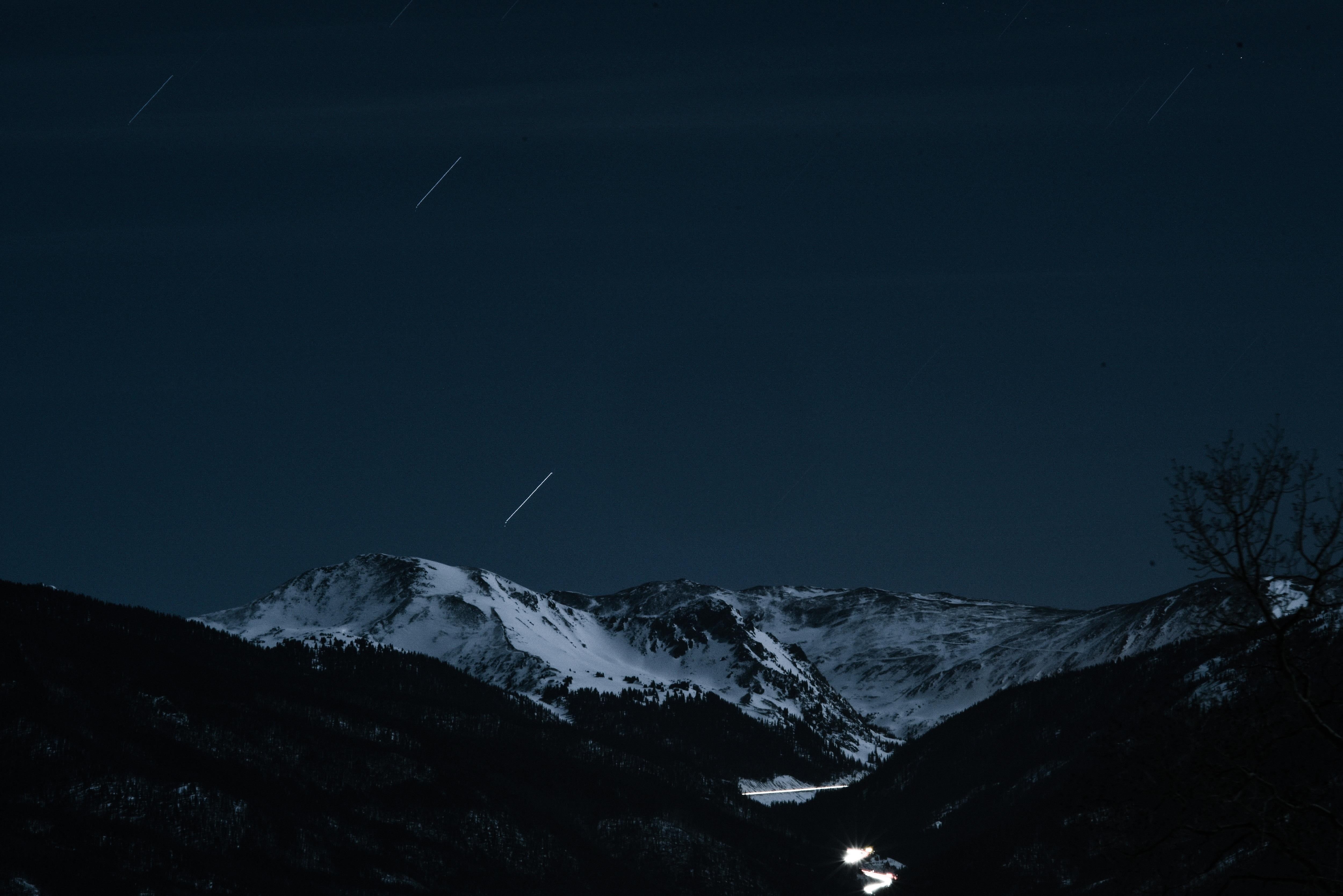 outdoors, long exposure, night sky, dark, mountain, stars, scenics - nature, snow, night, nature, tranquility, environment, sky, 4K, snowy, mountains, HD Wallpaper
