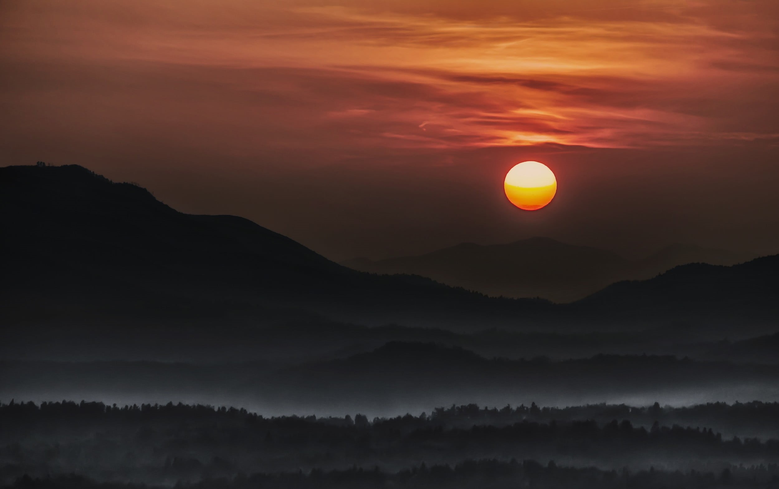 mountain range, non-urban scene, mist, sky, environment, dark, 1080P, scenics - nature, sunset, moonlight, mountain, no people, beauty in nature, tranquility, HD Wallpaper