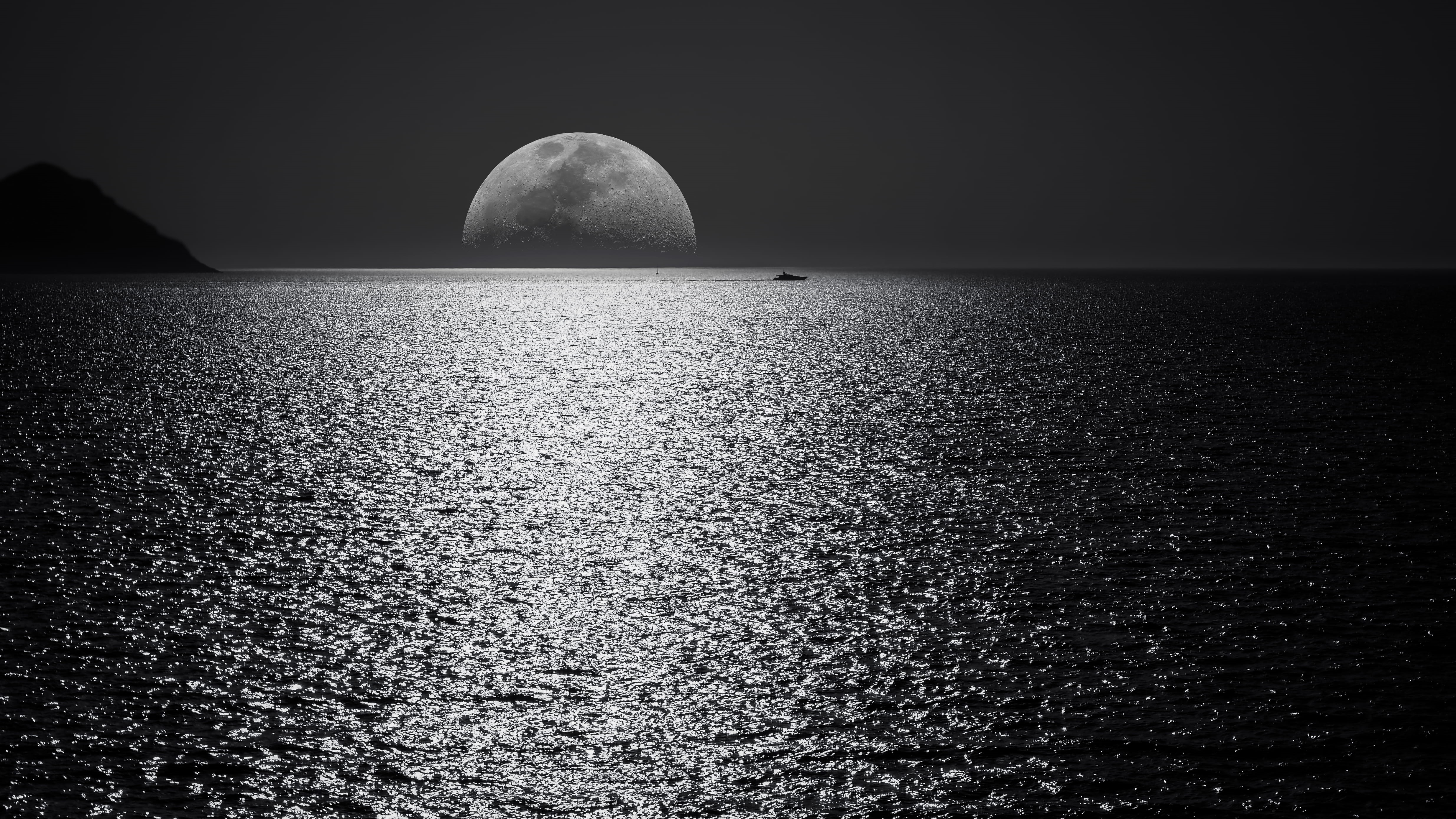 seascape, waterfront, body, sea, night, half moon, landscape, reflection, moon, beauty in nature, 4K, horizon, nature, scenics - nature, water, tranquil scene, HD Wallpaper