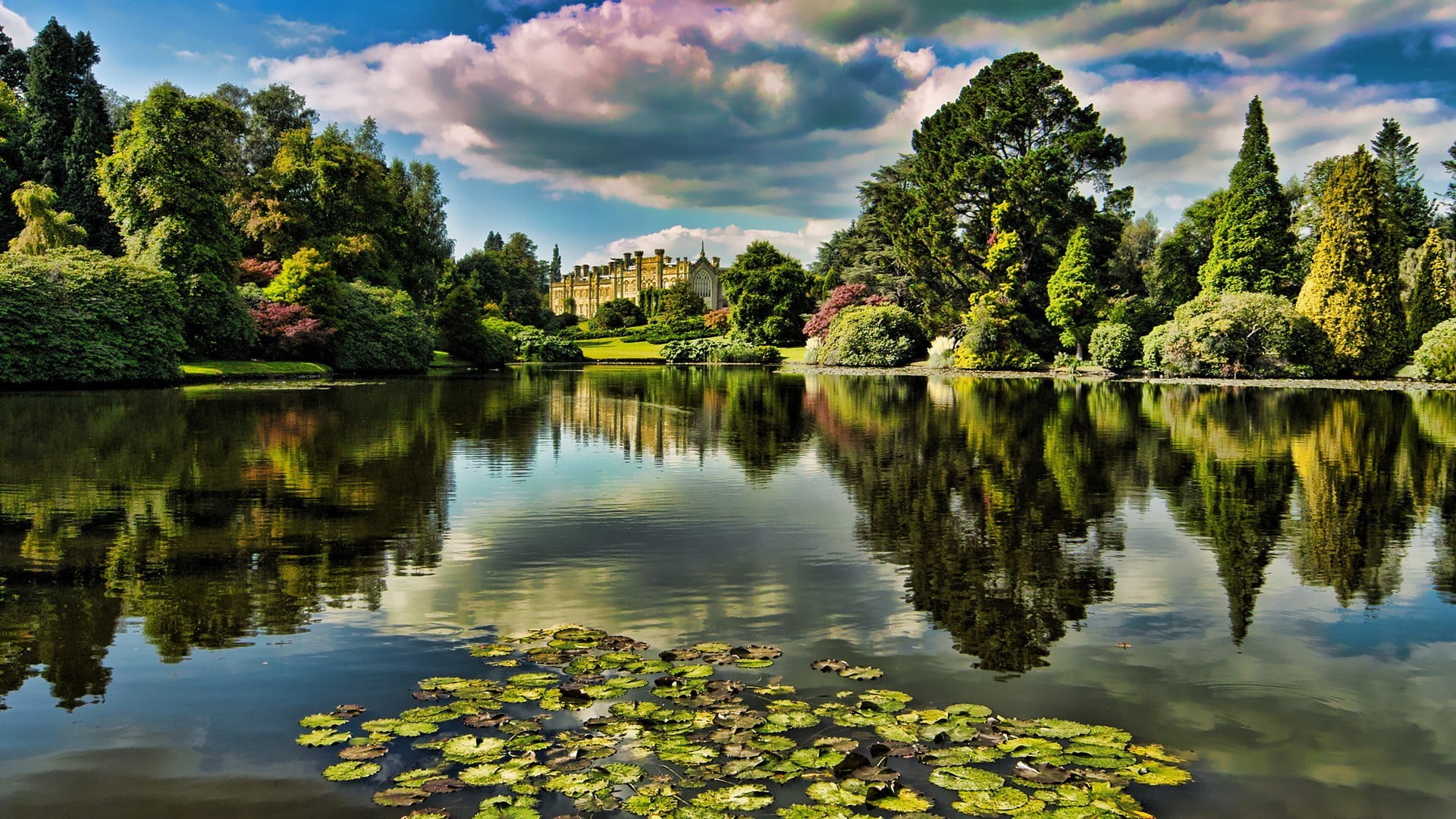 outdoors, tranquility, nature, non-urban scene, trees, clouds, body, beauty in nature, lake, tree, scenics - nature, calm, floating on water, plant, green color, HD Wallpaper