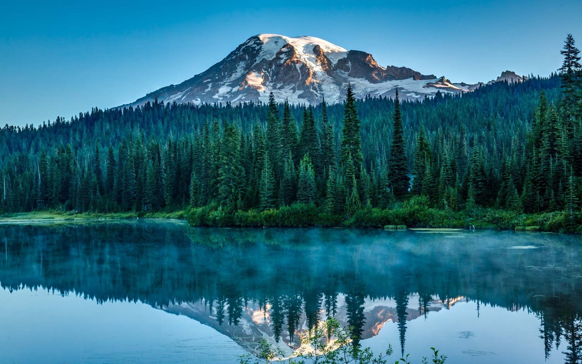 lake, coniferous tree, sunlight, tranquil scene, mountains, waterfront, idyllic, 1080P, Washington state, body, capped, snow, snowy peak, pine trees, blue, HD Wallpaper
