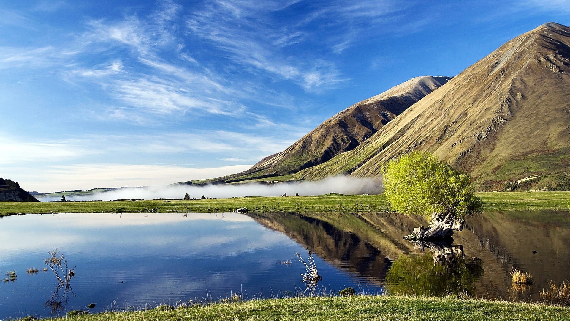 reflection, body, cloud - sky, day, environment, sky, green color, plant, idyllic, tranquil scene, non-urban scene, mountains, mountain range, lake, water, HD Wallpaper
