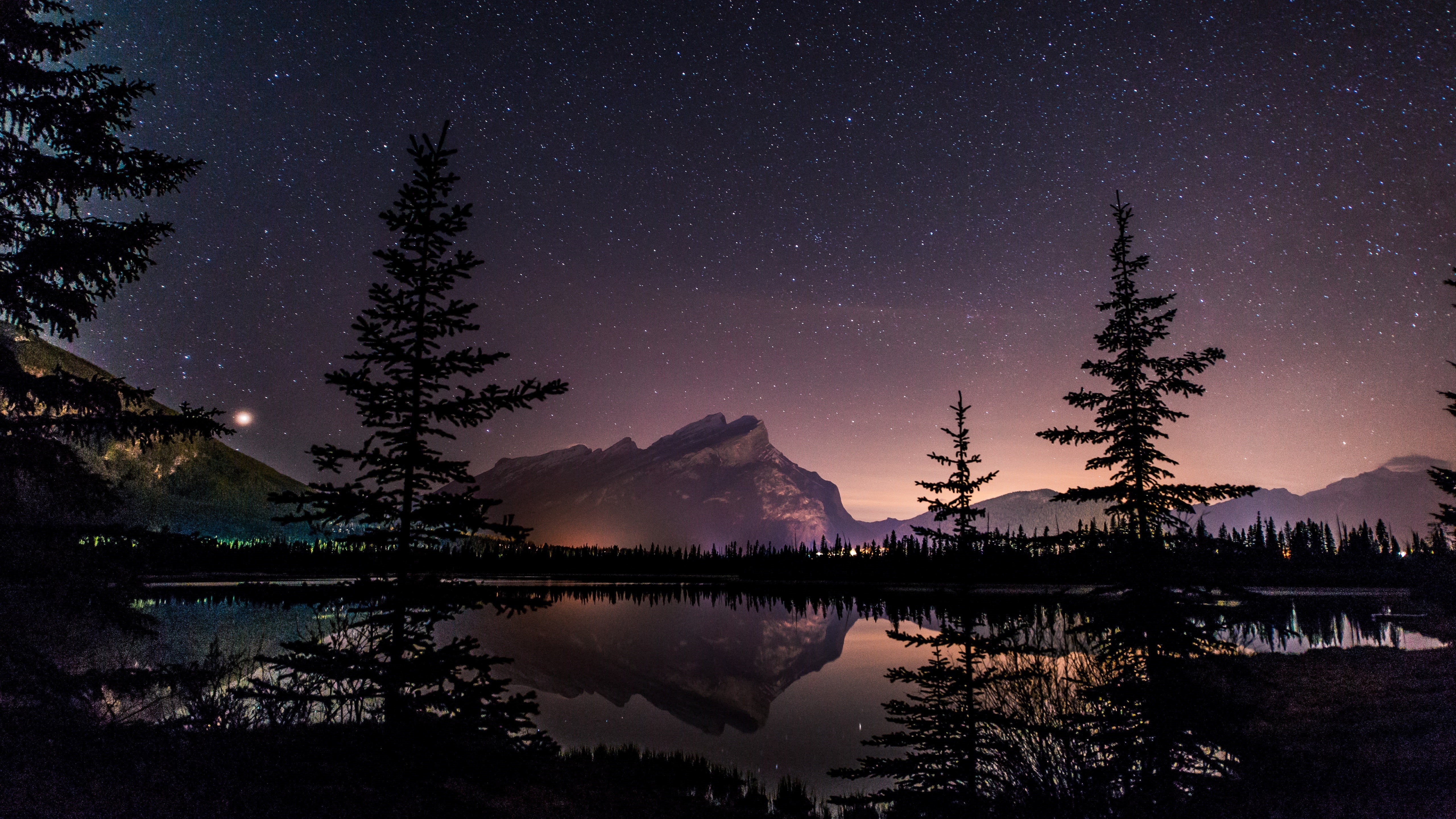 mountain Peak, illuminated, trees, reflection lake, dusk, galaxy, scenics - nature, sky, milky Way, star Shape, blue, travel, tranquility, beauty In Nature, HD Wallpaper