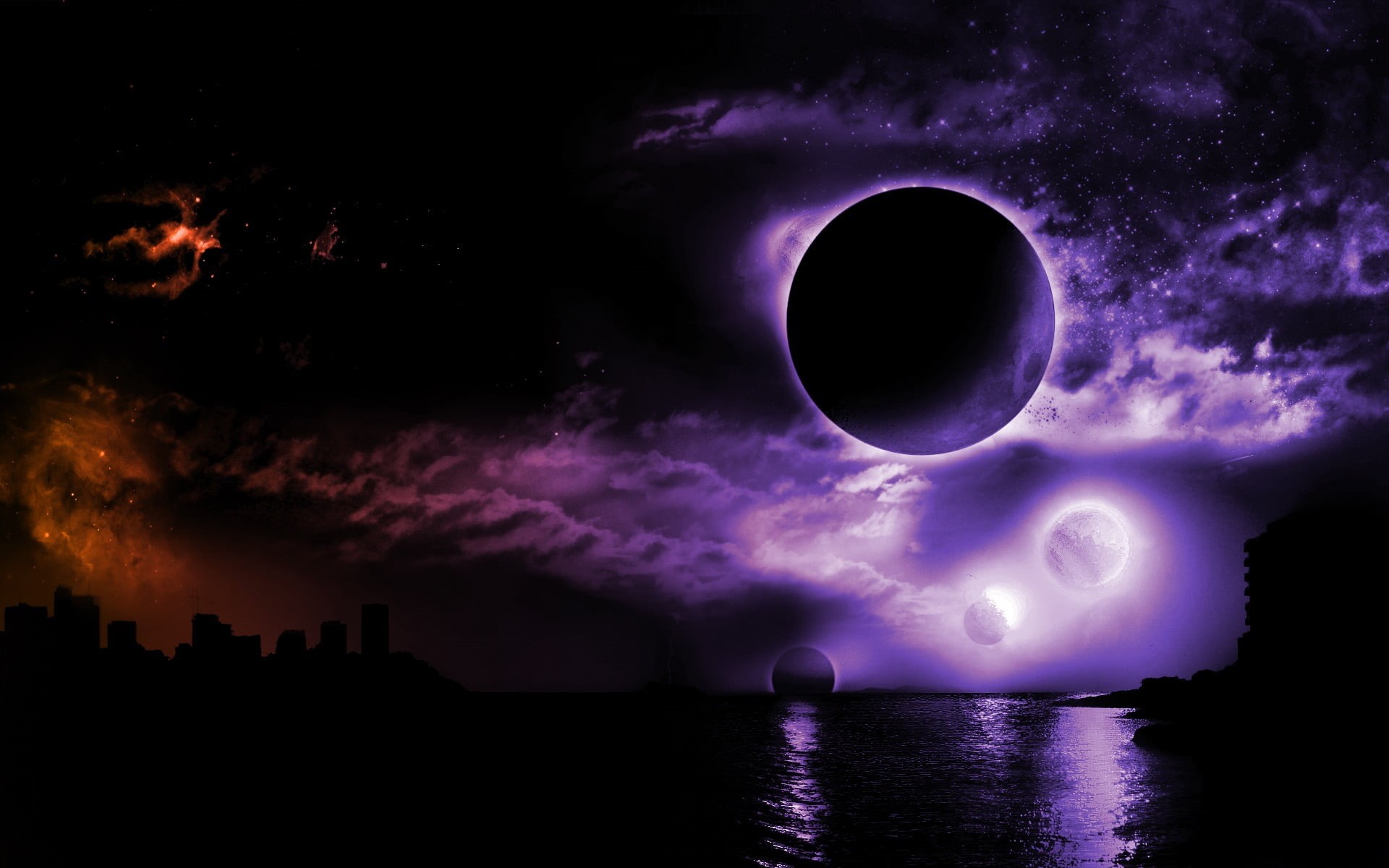 water, tranquil scene, dark, power in nature, sun, planetary Moon, no people, Kansas City, cloudscape, digital art, architecture, nebula, nature, colorful, HD Wallpaper