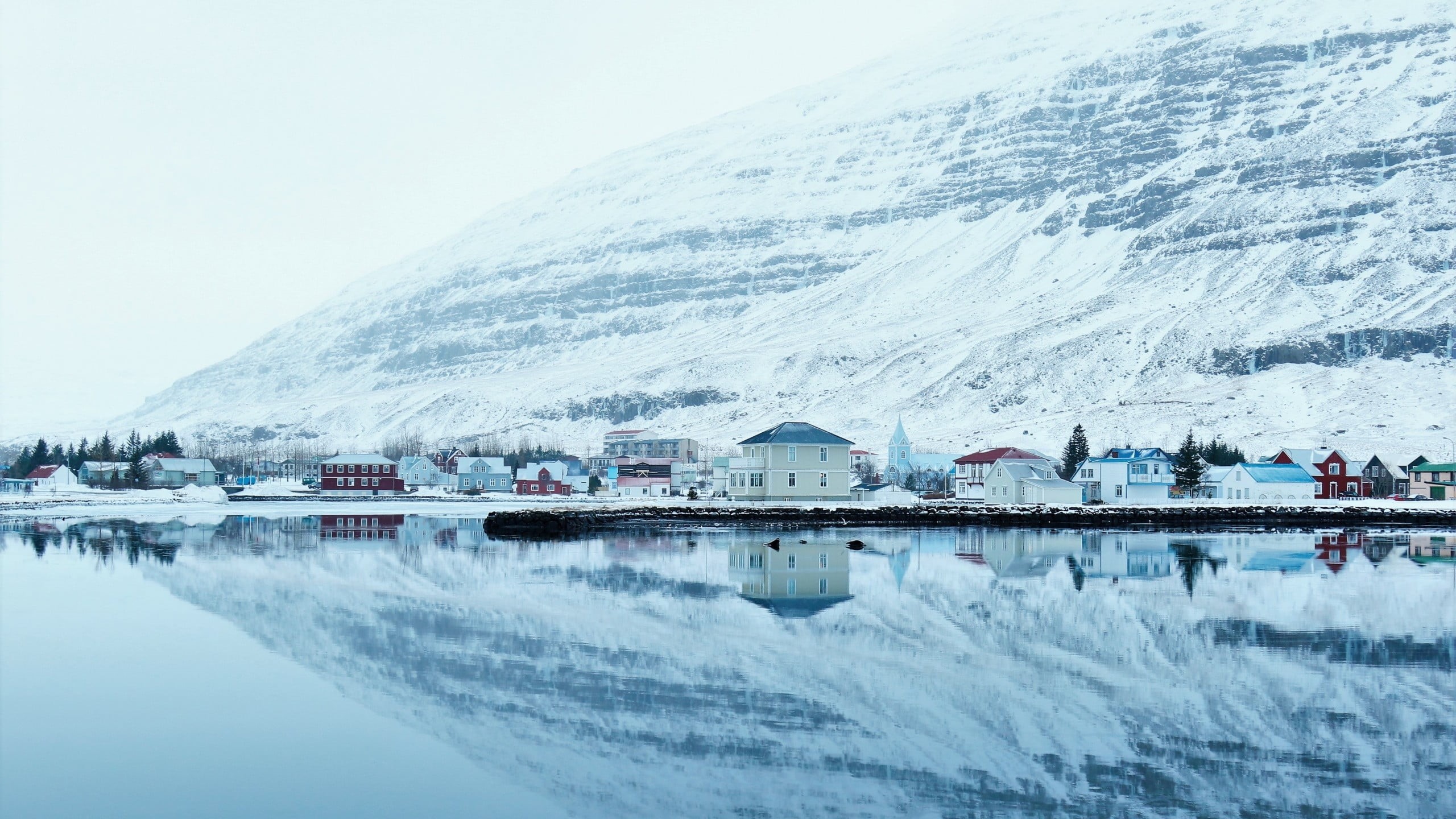 reflection, snow, house, landscape, trees, beauty in nature, winter, waterfront, water, building exterior, mountains, sky, clouds, transportation, snowcapped mountain, HD Wallpaper