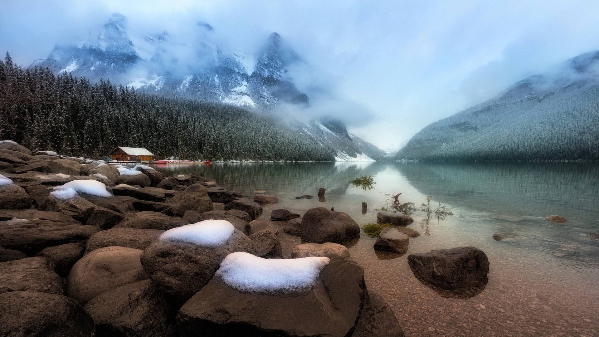 outdoors, water, no people, forest, body, Alberta, tranquility, branch, tranquil scene, trees, mountain, winter, day, mist, nature, Canada, fog, snow, scenics - nature, HD Wallpaper