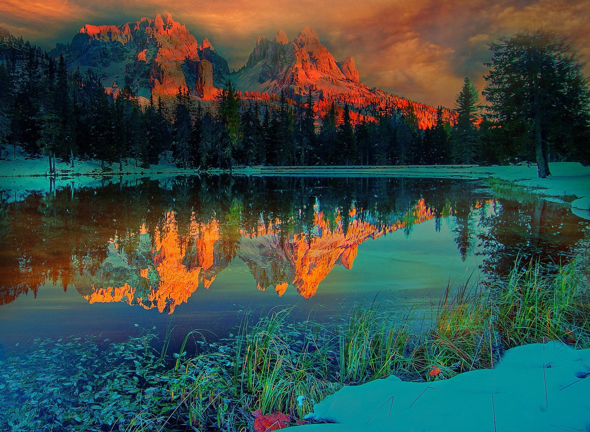 lake, snowy peak, landscape, symmetry, sky, forest, no people, body, beauty in nature, scenics - nature, winter, non-urban scene, plant, water, snow, sunset, HD Wallpaper