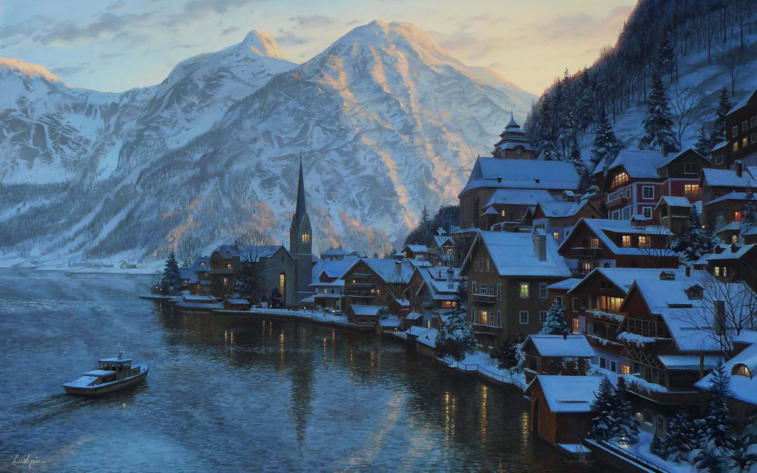 Salzburg, swiss Culture, hallstatter See, boat, cultures, hill, beauty In Nature, fjord, outdoors, village, Austria, sunset, river, 2K, scenics - nature, HD Wallpaper