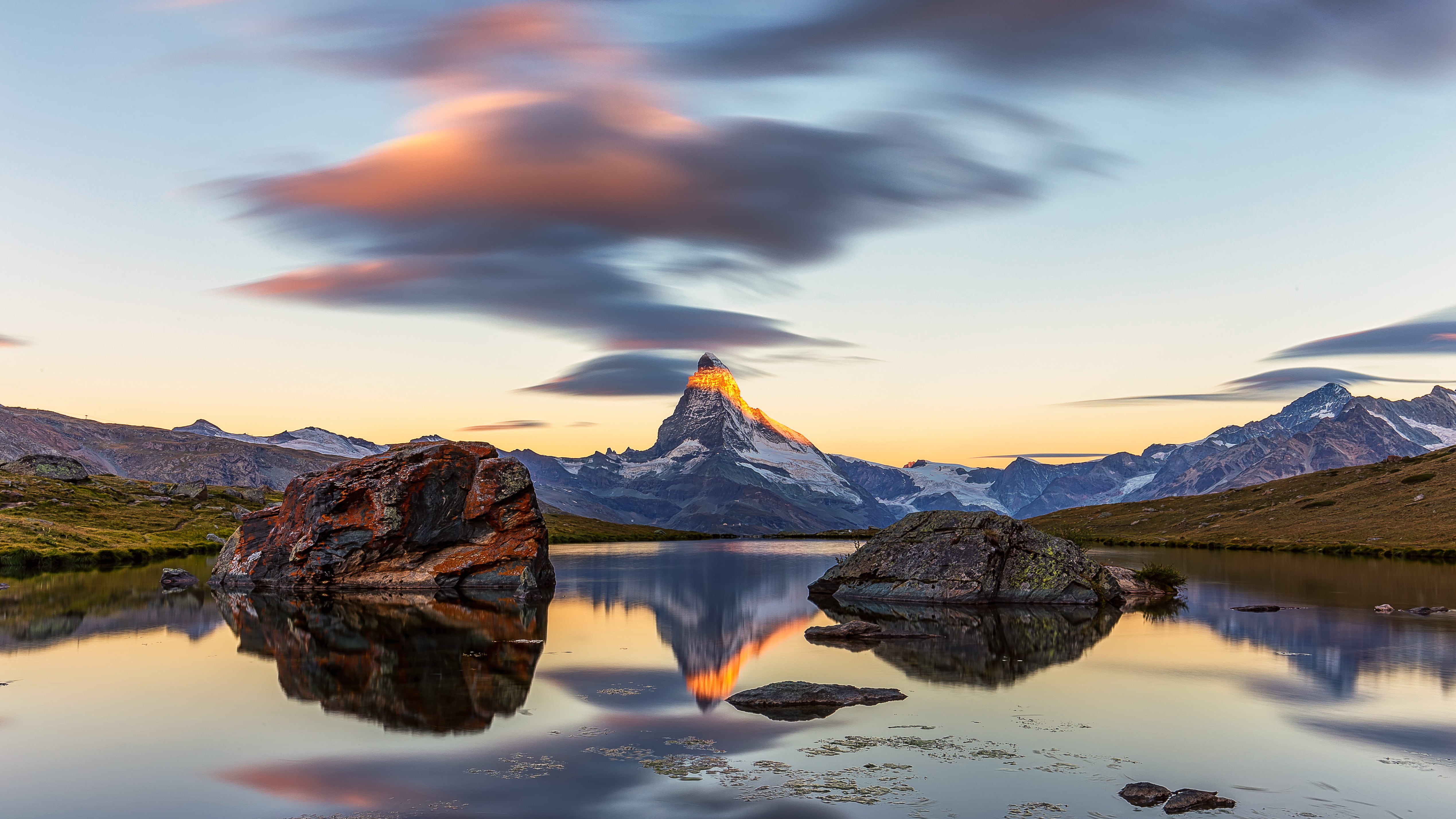 Switzerland, lenticular cloud, travel, Alps  Mountains, reflection, Valais, Wallis, sunset, near, lake, hiking, body of water, nature, landscape, clouds, HD Wallpaper