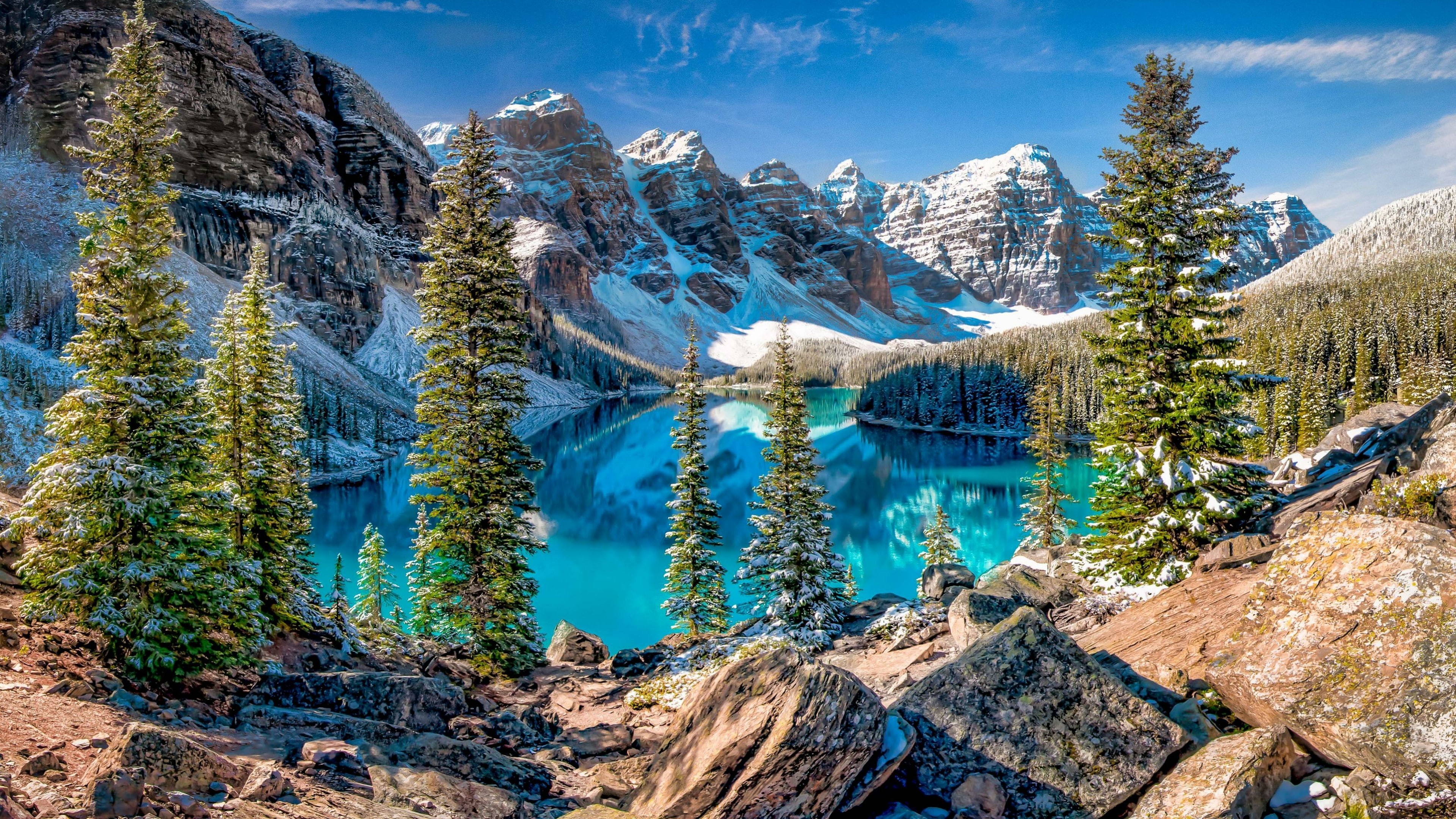 wilderness, sky, lake, mountain range, tree, reflection, winter, mountain, ten peaks, water, snow, 4K, canada, tourist attraction, nature, moraine, mount scenery, HD Wallpaper