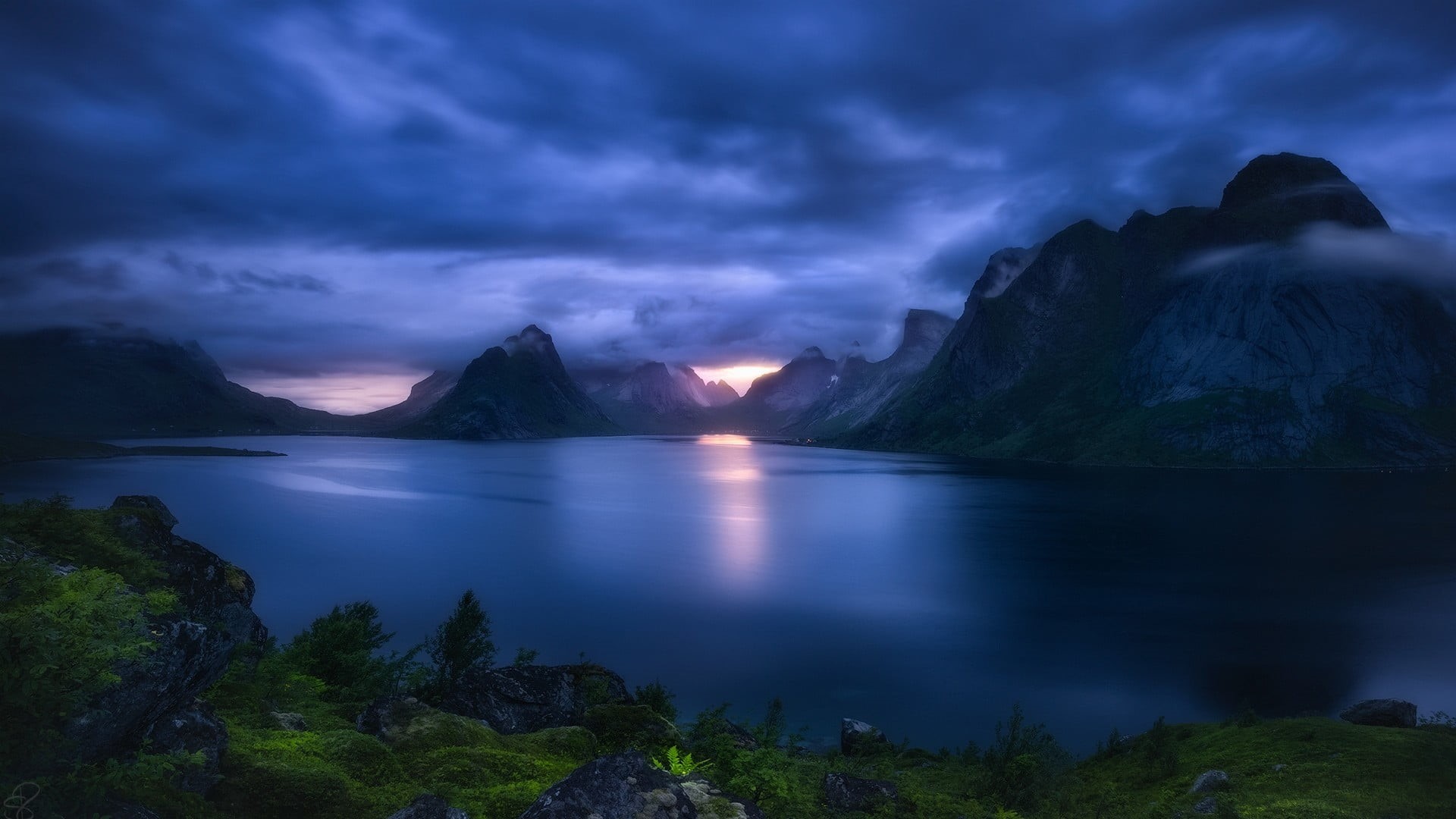 beauty in nature, rock, sunset, water, Norway, land, covered, landscape, storm, 1080P, no people, reflection, clouds, sea, fjord, tranquility, mountain, HD Wallpaper