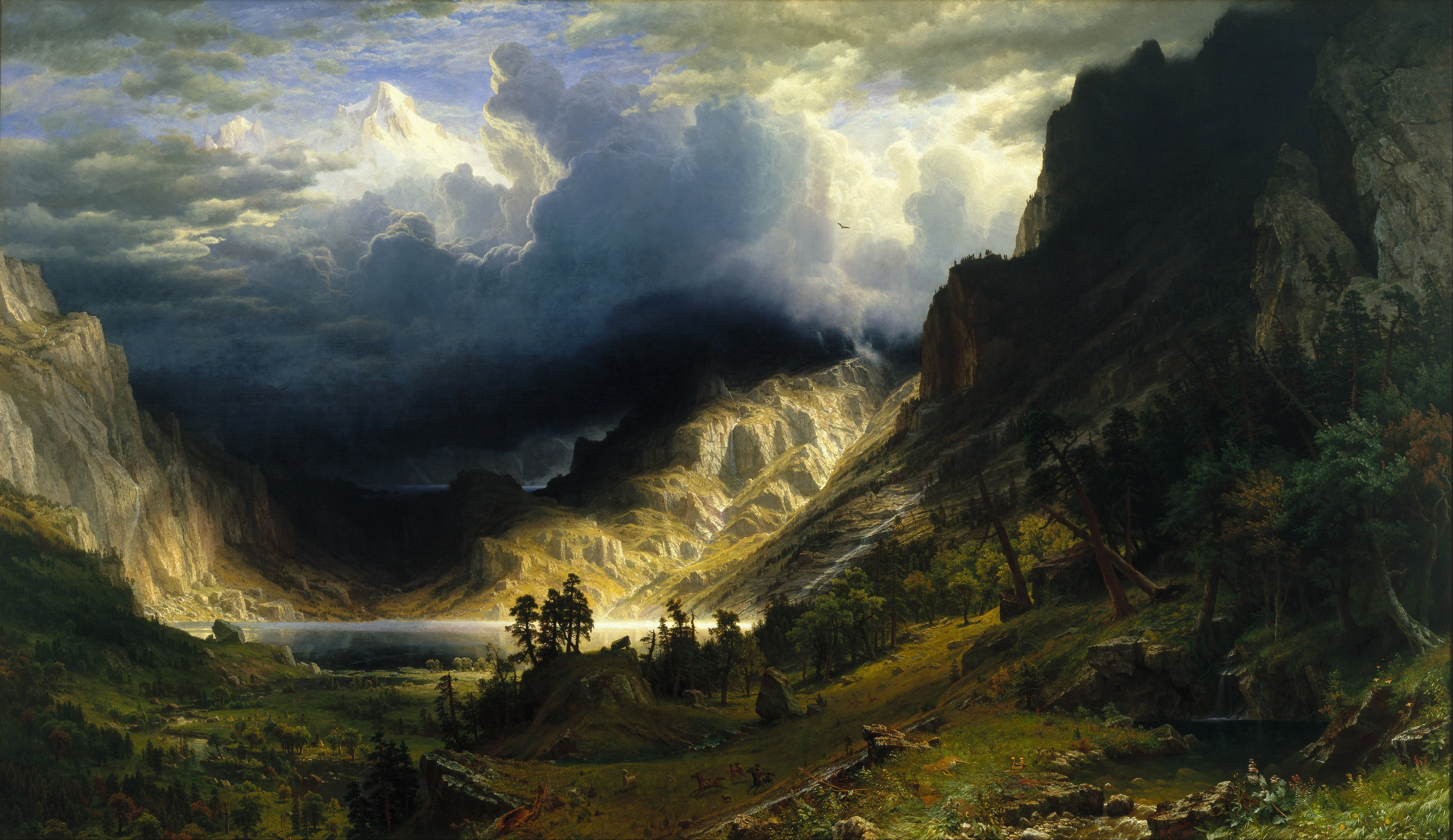 5K, high angle view, environment, physical geography, fantasy art, rock, tranquility, Albert Bierstadt, sky, mountains, landscape, land, beauty in nature, HD Wallpaper