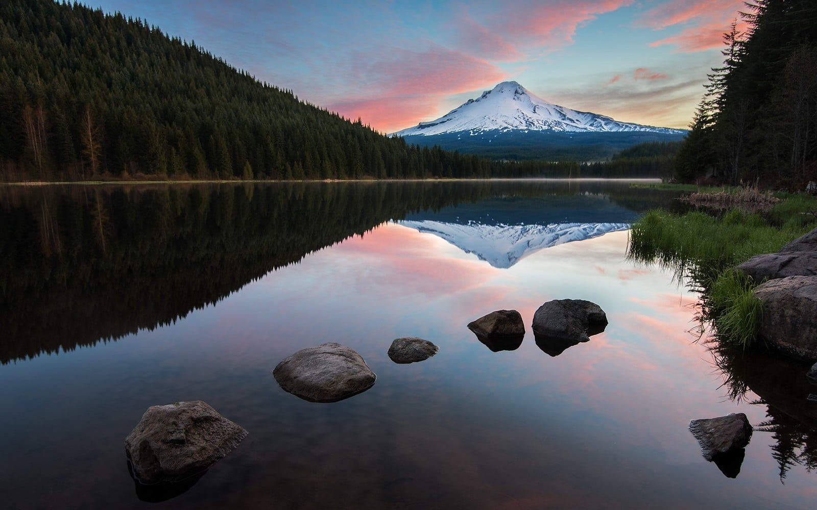 rock - object, calm, water, scenics - nature, cloud - sky, Oregon, tree, reflection, snowy peak, snowcapped mountain, forest, landscape, sky, idyllic, non-urban scene, HD Wallpaper