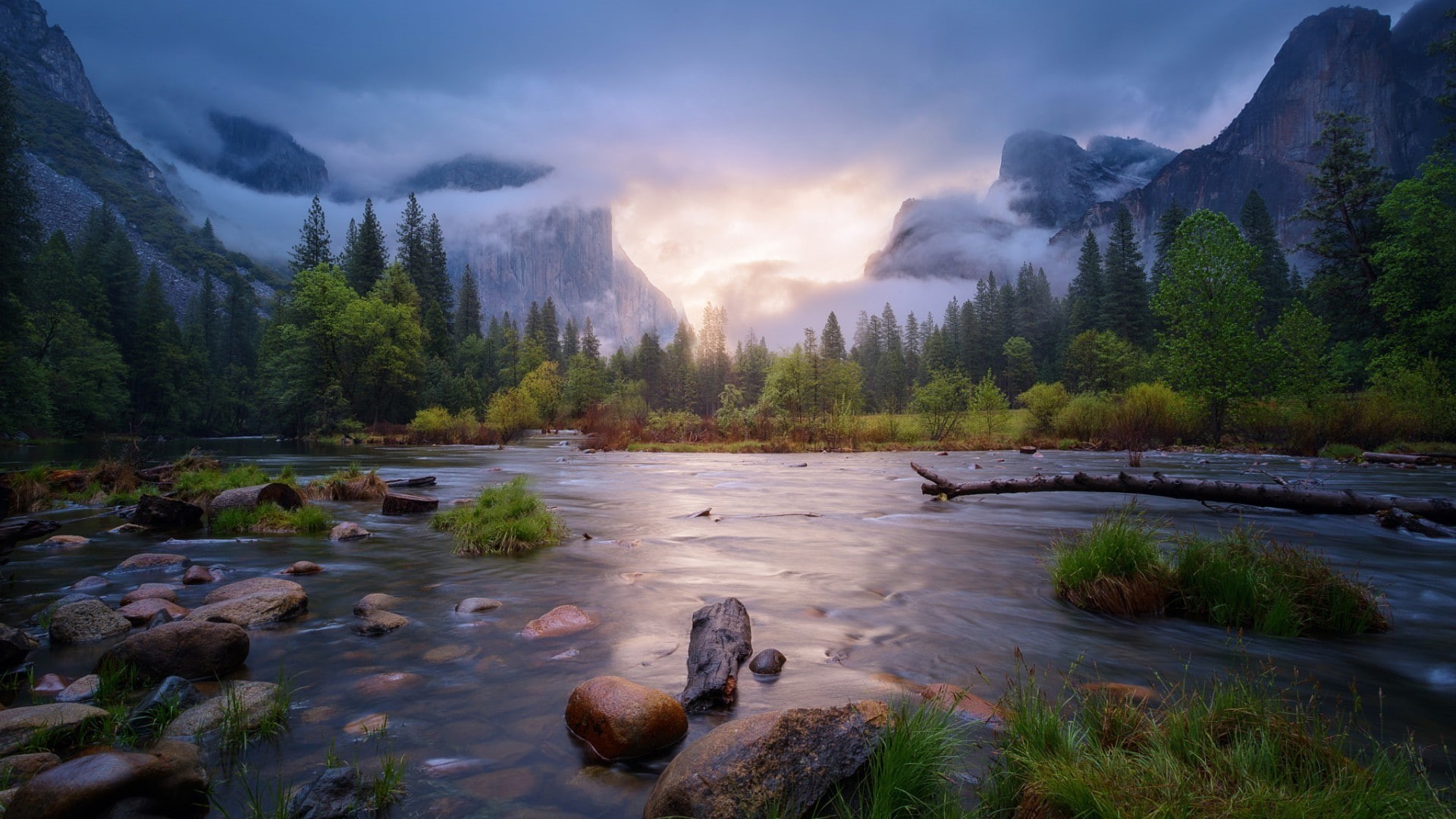 stones, mountains, reflection, nature, grass, forest, landscape, trees, rock, California, Yosemite National Park, water, stream, mist, 1080P, USA, dead trees, HD Wallpaper
