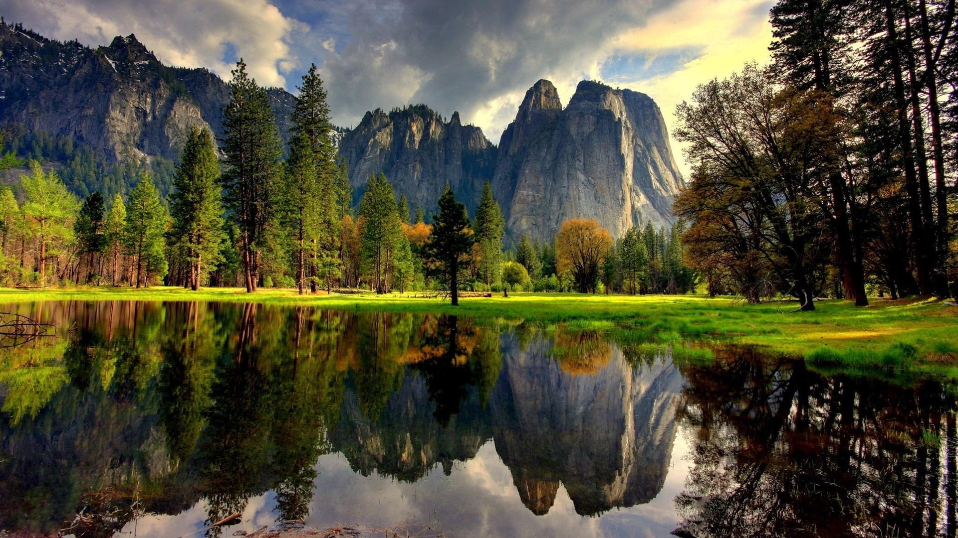 Grass, Mountains, 1080P, Yosemite, Lake, Trees, Park, Reflection, USA, Water, National, HD Wallpaper