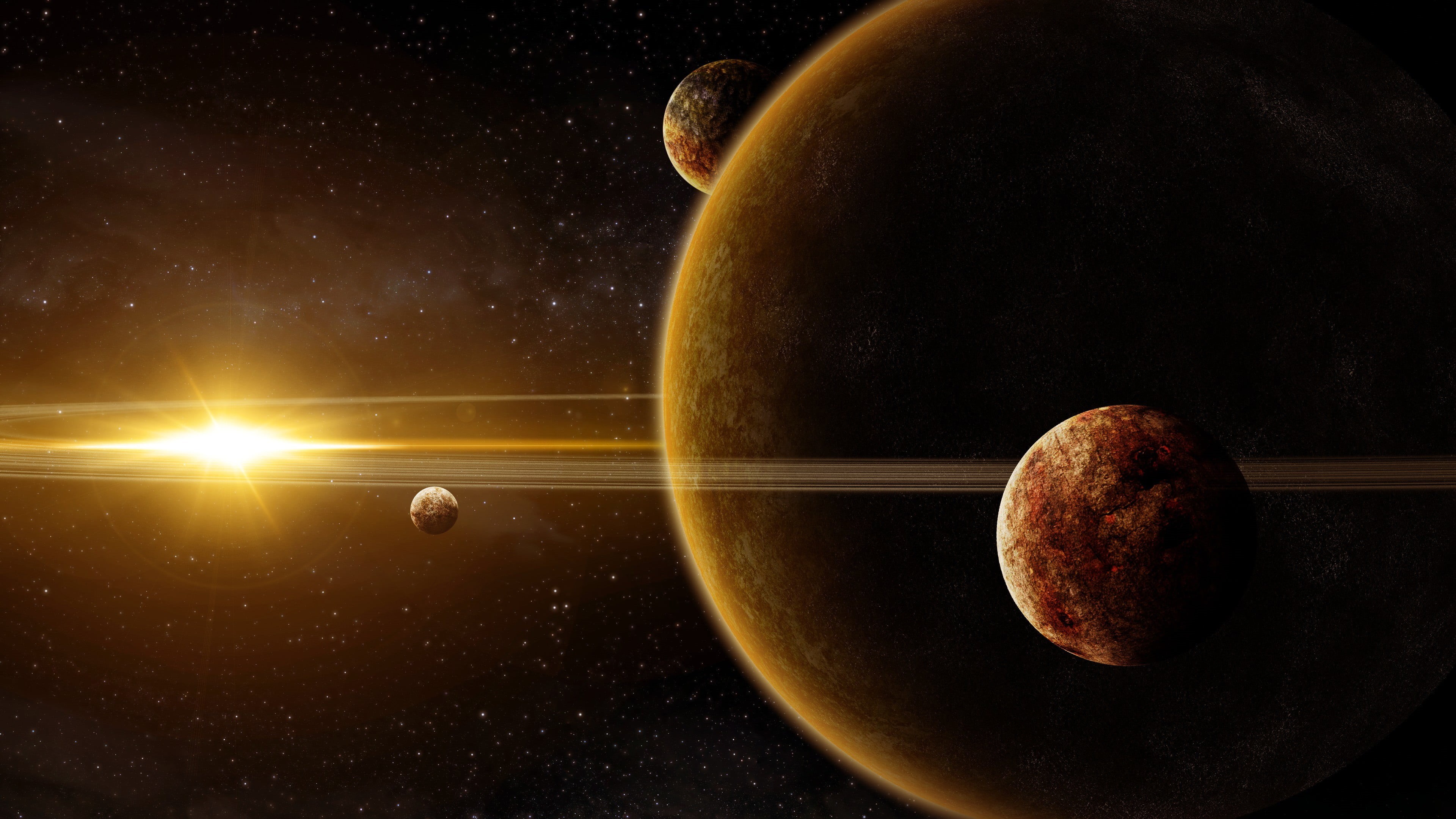 solar system, digital art, planet earth, night, star - space, sphere, astronomy, lens flare, system, galaxy, sky, 4K, eclipse, no people, food and drink, HD Wallpaper