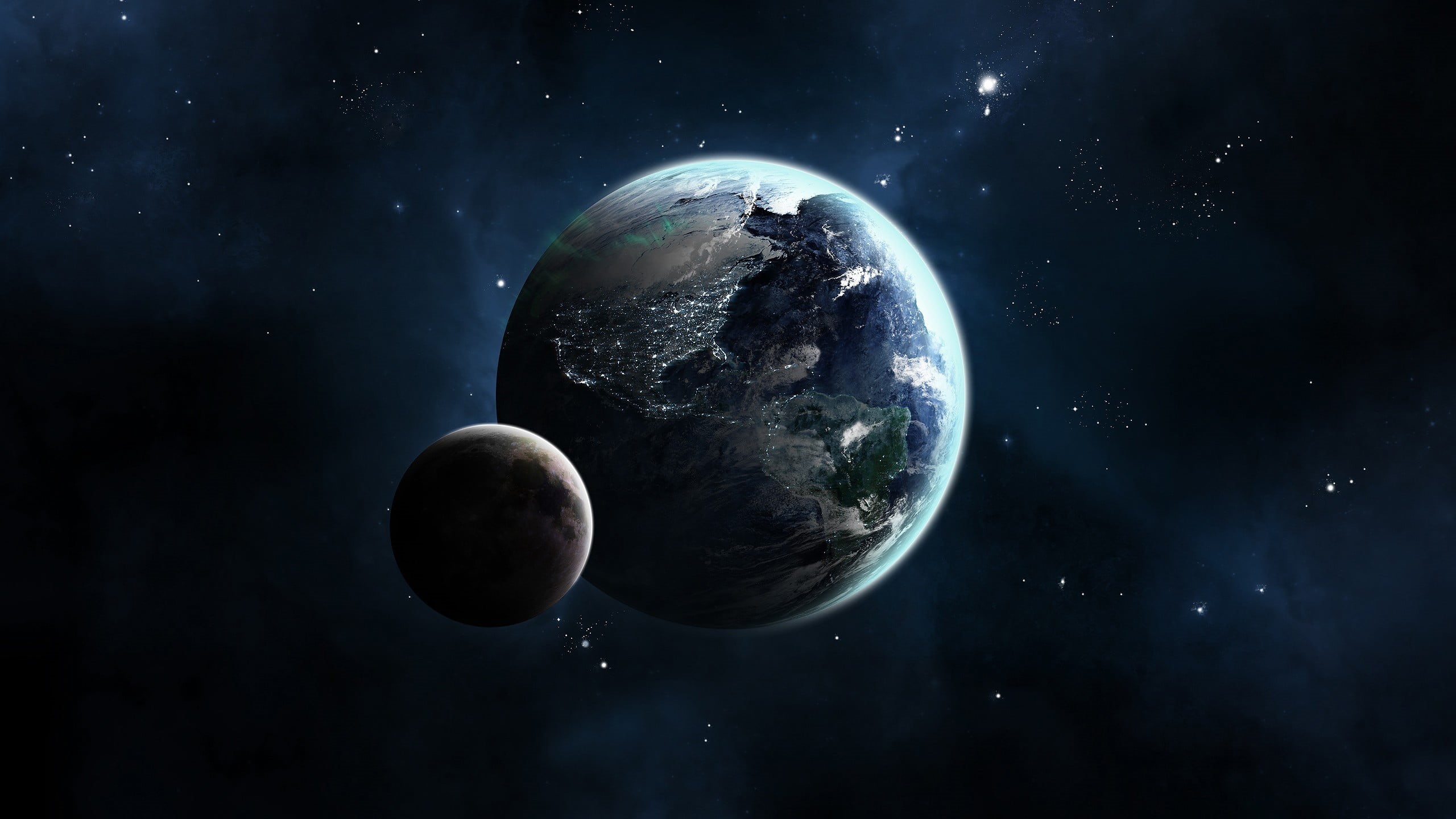 Earth, moon surface, sphere, solar system, planet, blue, sky, satellite view, painting, dark, science, stars, orbiting, planet - space, cloud - sky, star - space, HD Wallpaper