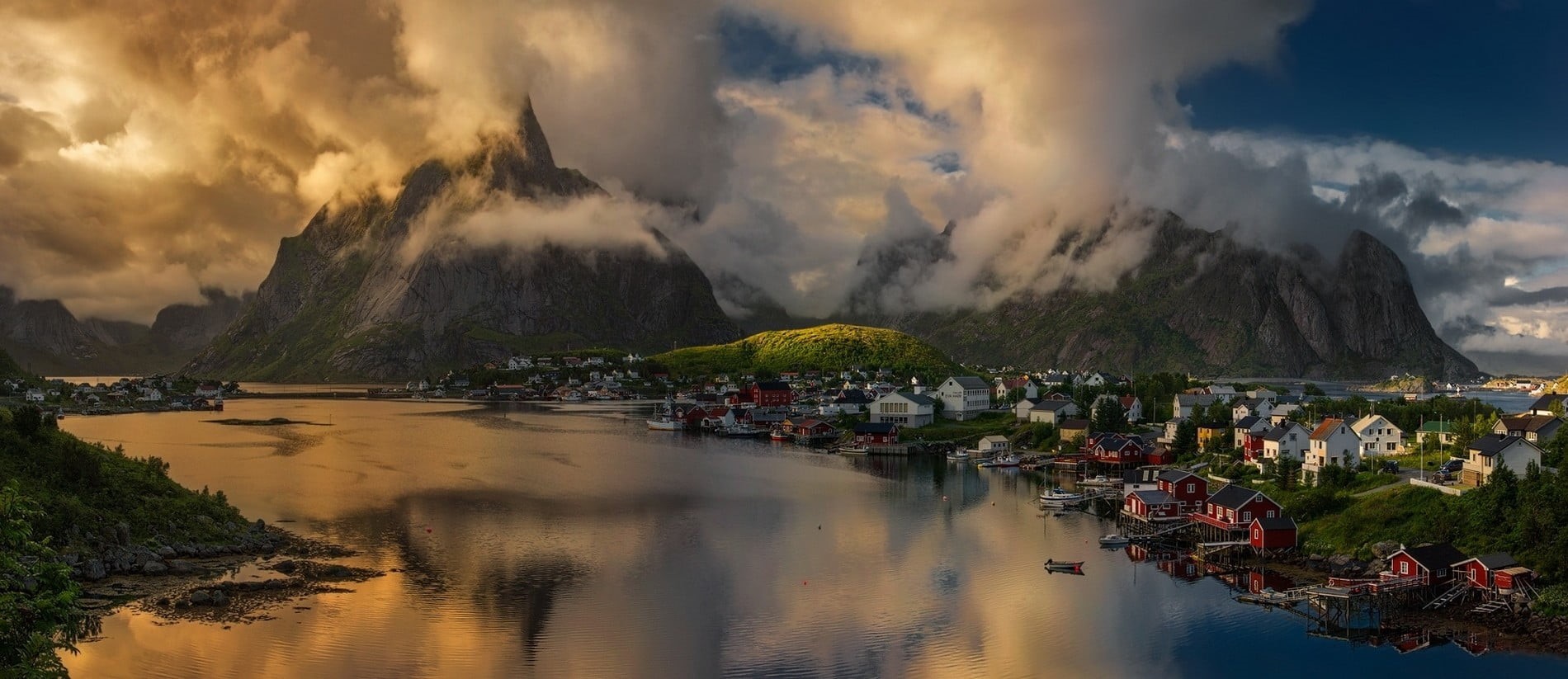 fjord, sea, reflection, city, environment, cloud - sky, boat, island, water, mountains, clouds, landscape, sunlight, sunset, built structure, beauty in nature, HD Wallpaper