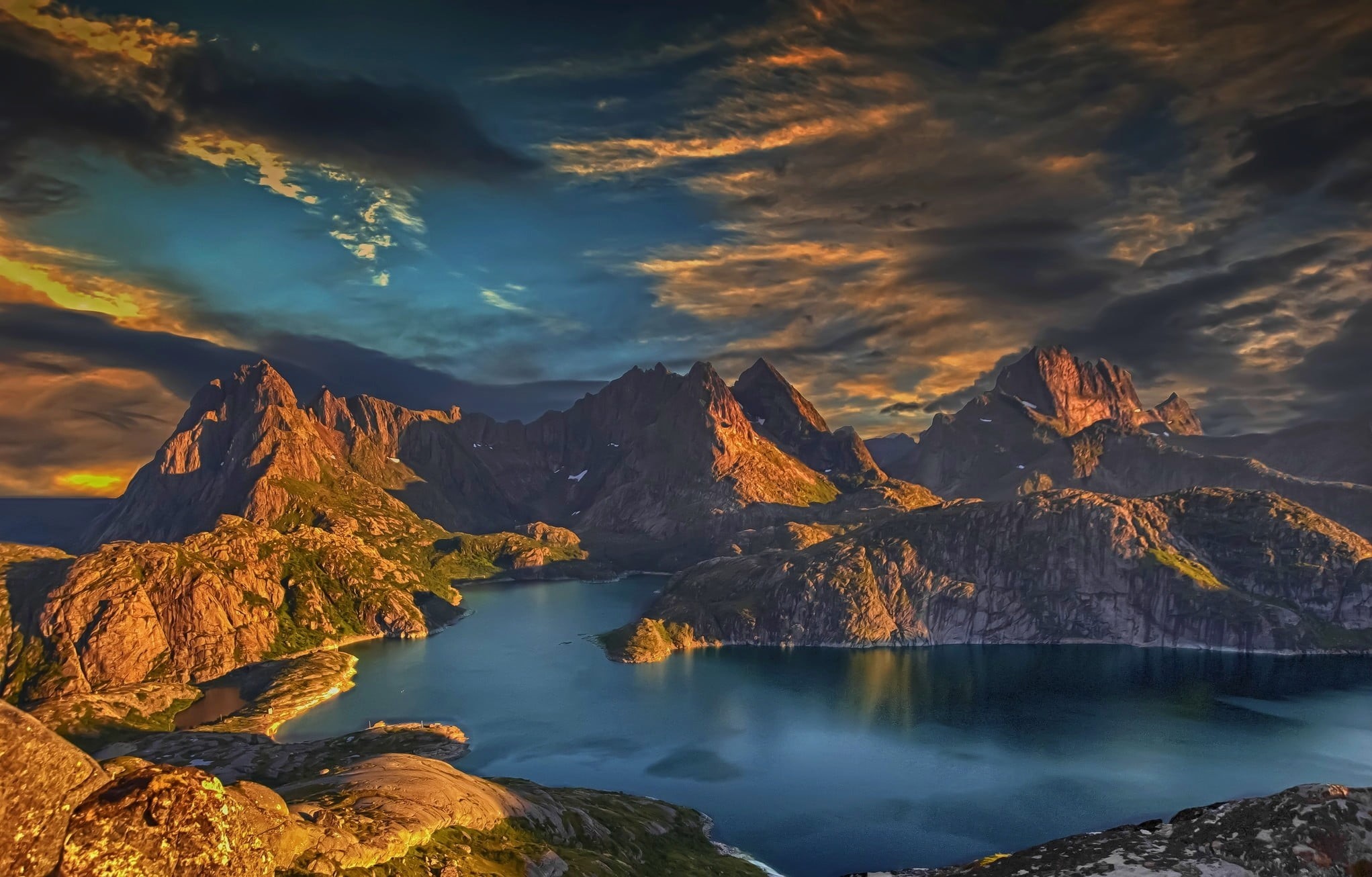 idyllic, Lofoten, mountain range, nature, 1080P, rock - object, lake, mountain, clouds, sunset, scenics - nature, body, outdoors, sky, Norway, no people, HD Wallpaper