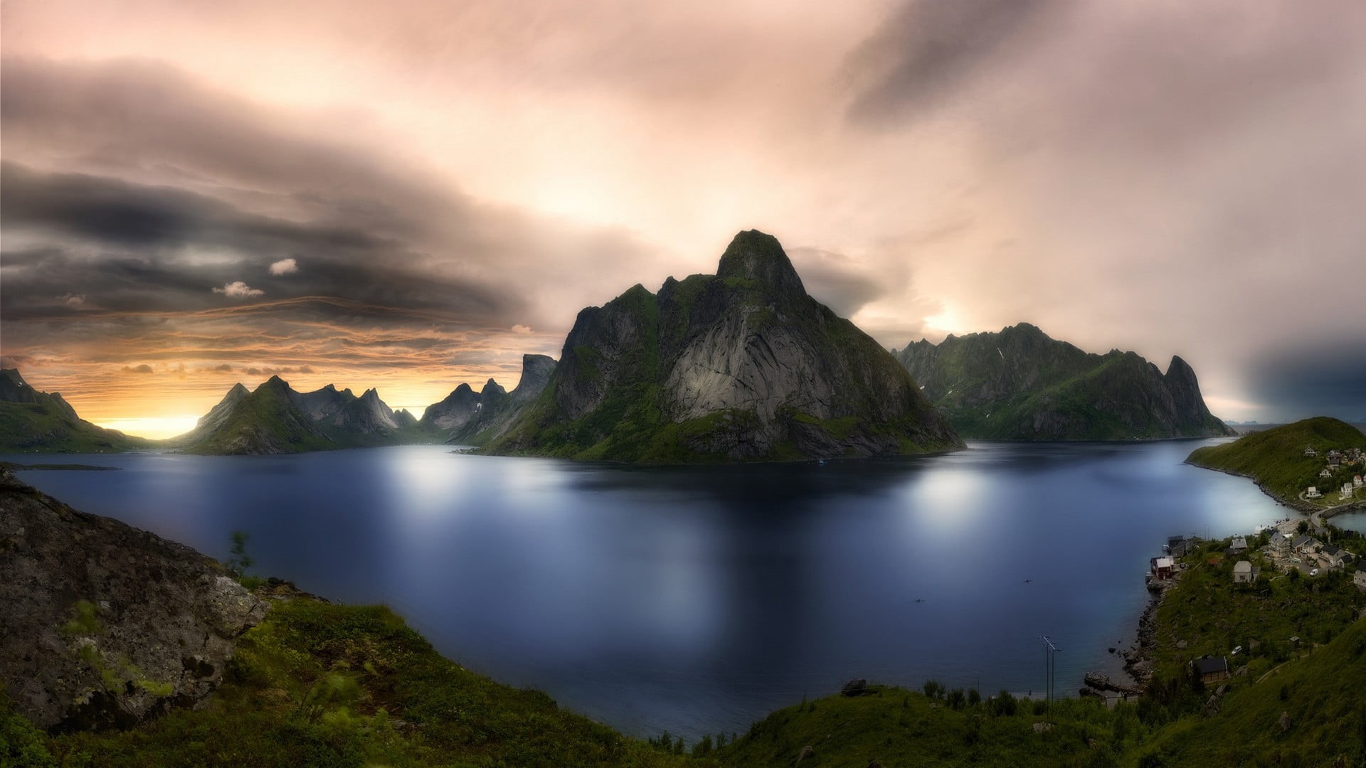 water, non-urban scene, village, no people, nature, tranquil scene, tranquility, landscape, rock - object, body, sunset, cloud - sky, clouds, 1080P, scenics - nature, HD Wallpaper