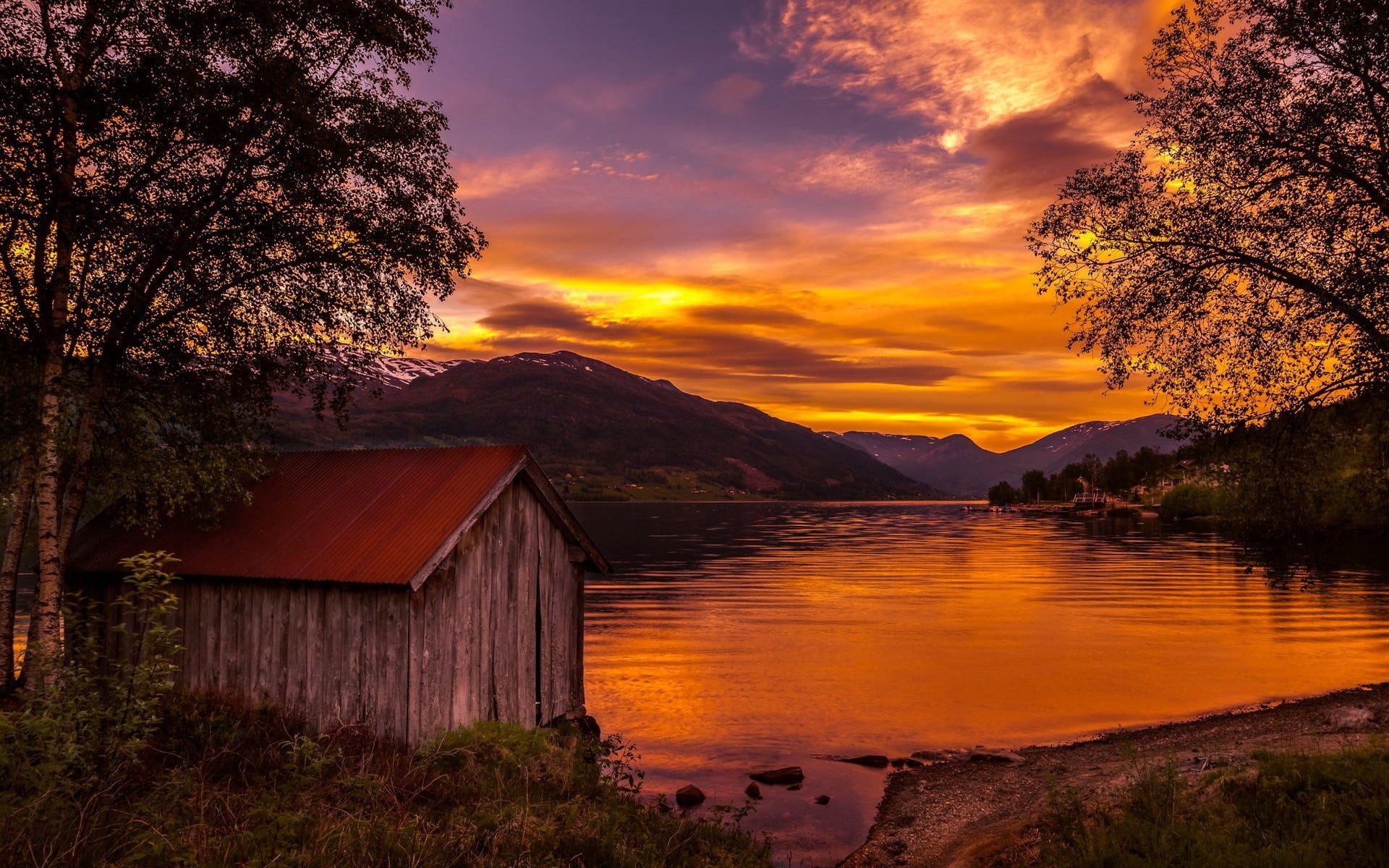 sunset, beauty in nature, sky, near, brown, lake, tree, building exterior, body, tranquility, orange color, landscape, tranquil scene, mountain, trees, HD Wallpaper