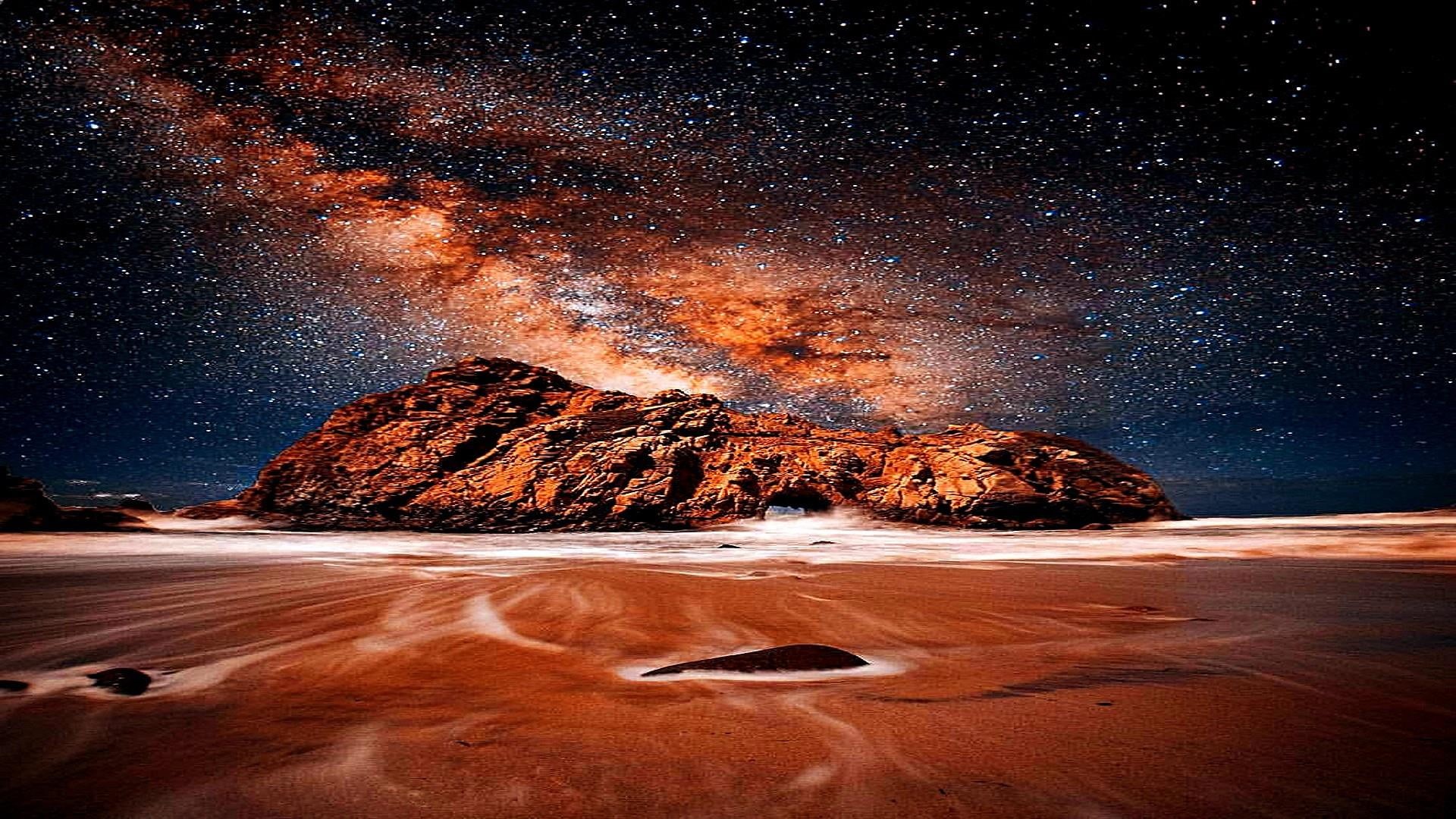 nature, beauty in nature, environment, stars, sea, night, motion, space, landscape, 1080P, sky, scenics - nature, astronomy, galaxy, mountain, rocks, no people, HD Wallpaper