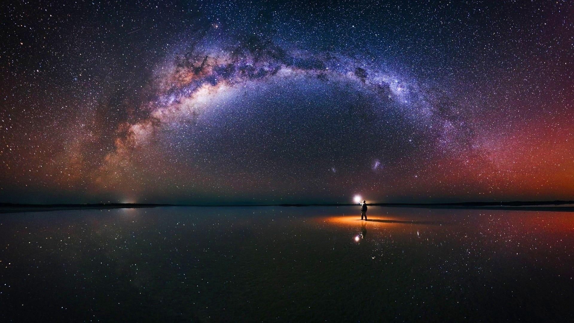 star, water, edge, shining, milky way, stars, reflection, constellations, 1080P, reflect, starry night, space, man, sky, HD Wallpaper