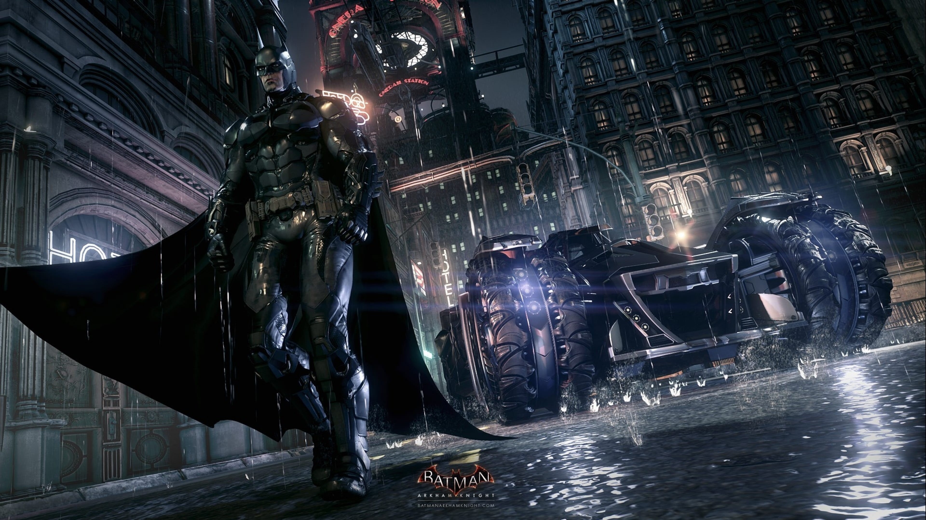statue, real people, video games, city, built Structure, people, land Vehicle, Batman: Arkham Knight, building exterior, 4K, creativity, night, Batman, HD Wallpaper