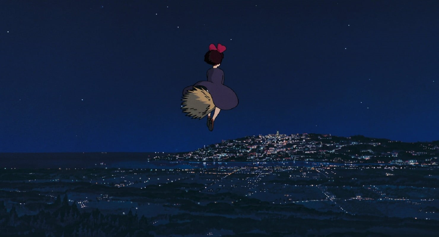 illuminated, cityscape, building exterior, outdoors, Kikis Delivery Service, residential district, flying, full length, city, Studio Ghibli, blue, anime girls, HD Wallpaper